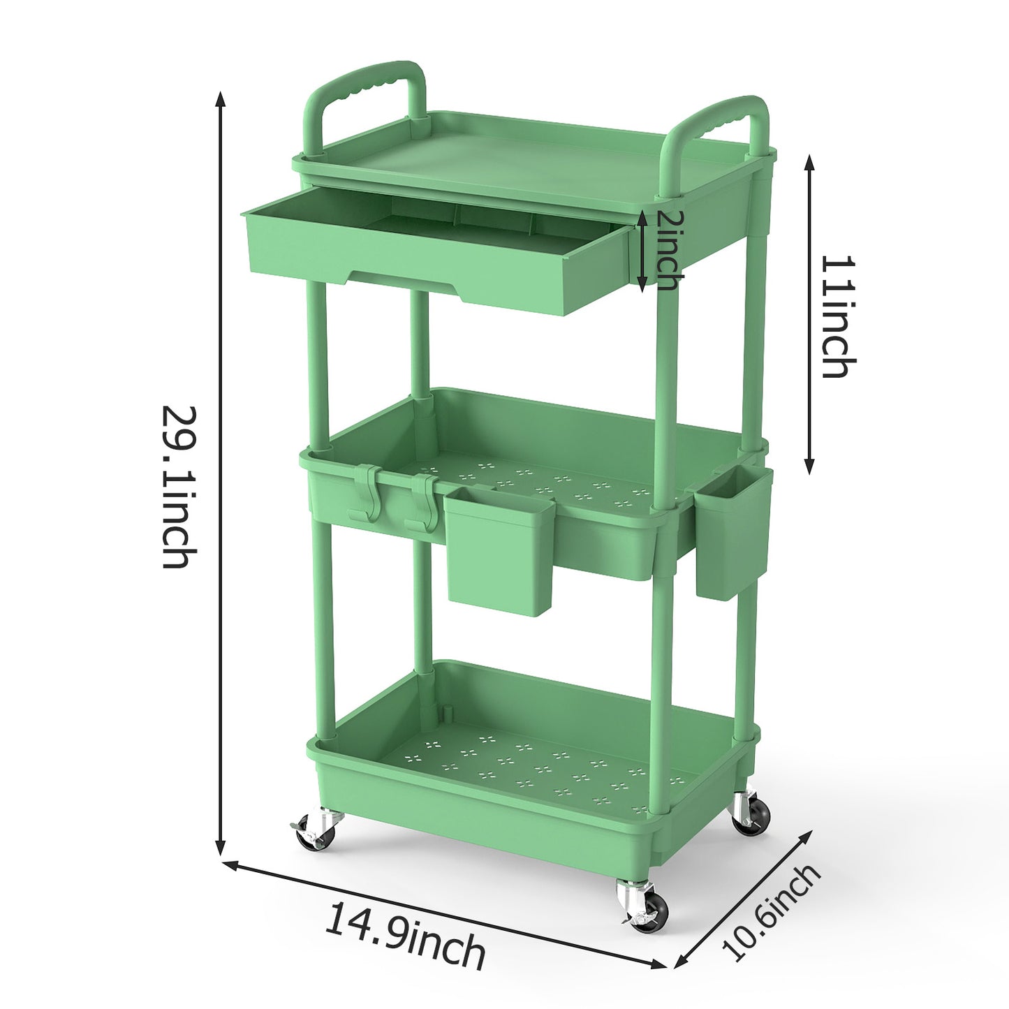 3 Tier Rolling Cart with Drawer, Utility cart with Handle, Bathroom Cart, Snack Cart, Storage Organizer with Lockable Wheels, Rolling Storage Cart for Kitchen, Bathroom, Office, 3 Tier