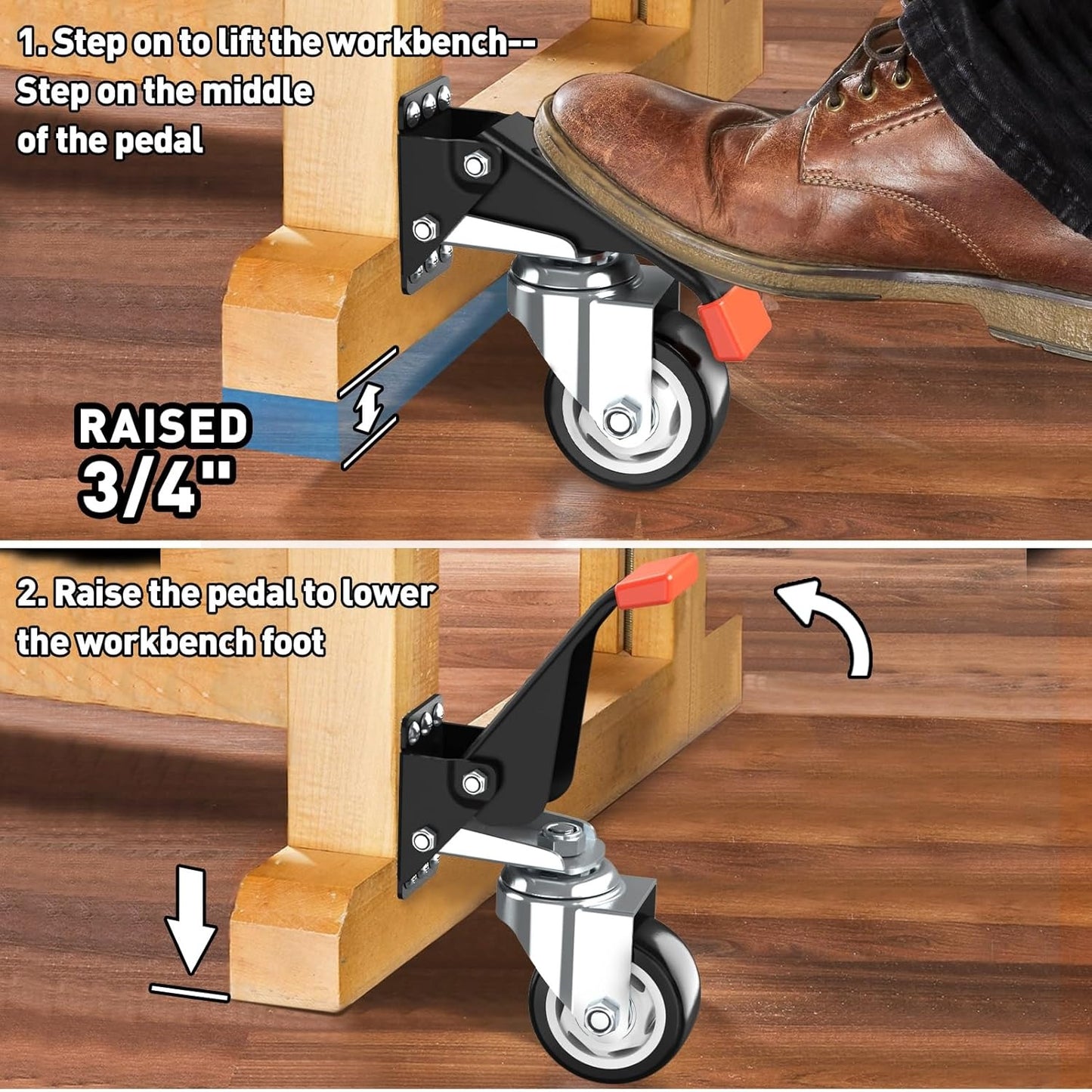 LLMRR Workbench Casters Kit, 4 PCS Heavy Duty Casters with Brake, with Lifting and Lowering Function, Quick Release Stepdown Caster for Workbenches, Machinery and Tables