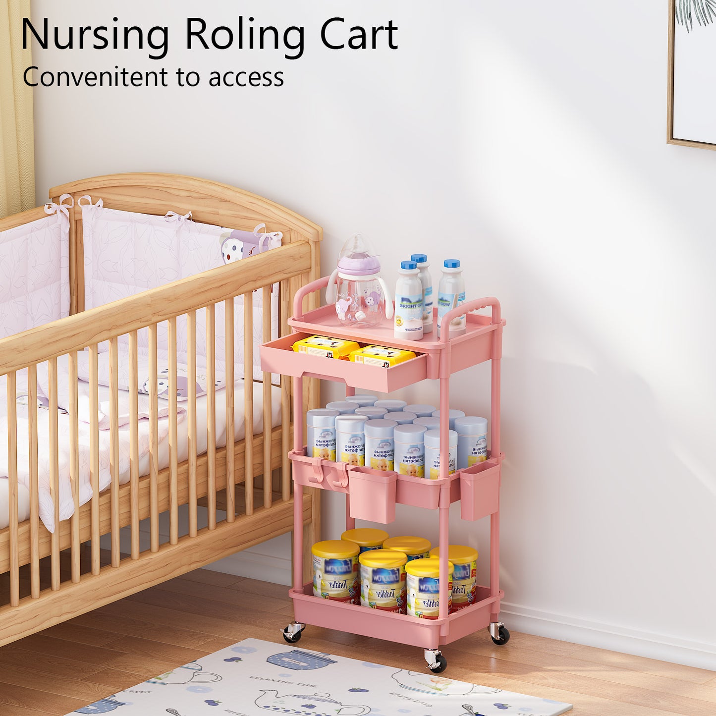 3 Tier Rolling Cart with Drawer, Utility cart with Handle, Bathroom Cart, Snack Cart, Storage Organizer with Lockable Wheels, Rolling Storage Cart for Kitchen, Bathroom, Office, 3 Tier