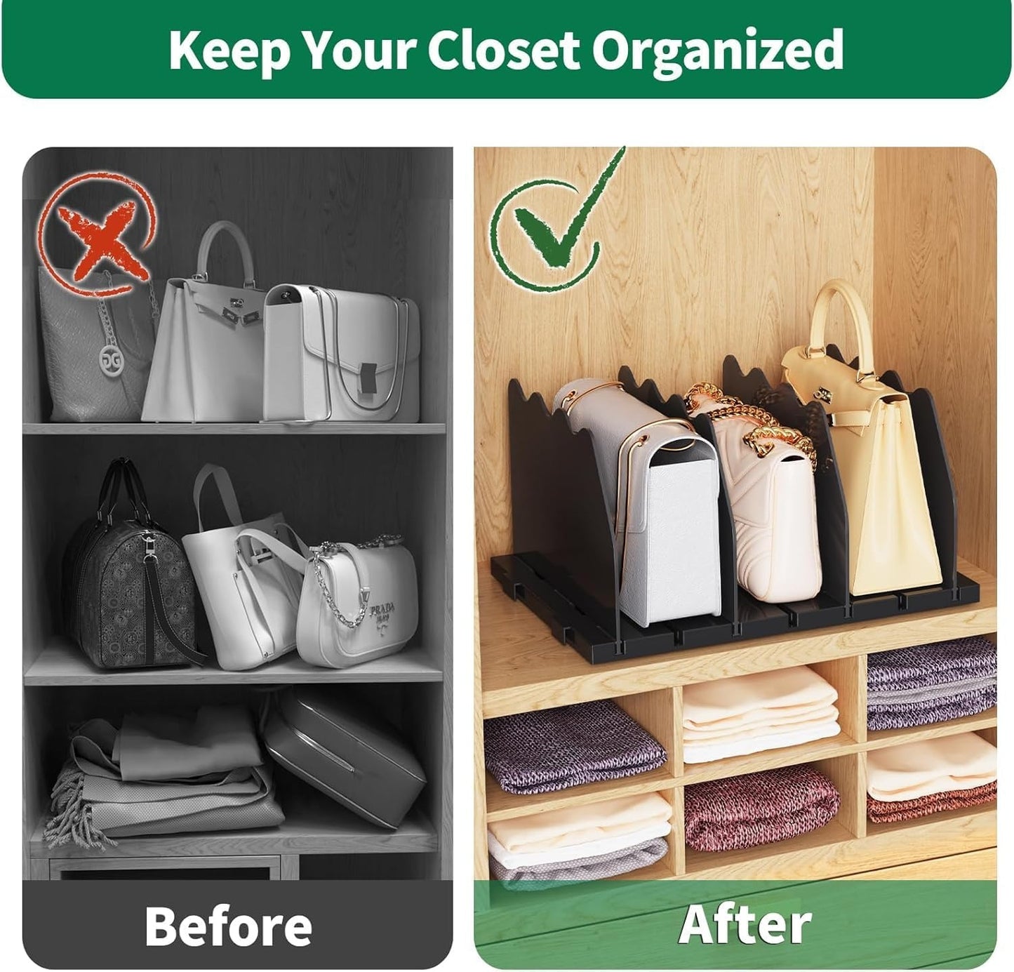 LLMRR Bag & Purse Organizer for Closet, Adjust	able Shelf Divider for Closet, Acrylic Handbag Separators Storage Organizer, Bookshelf Separator Divider for Bedroom, Living Room, Office