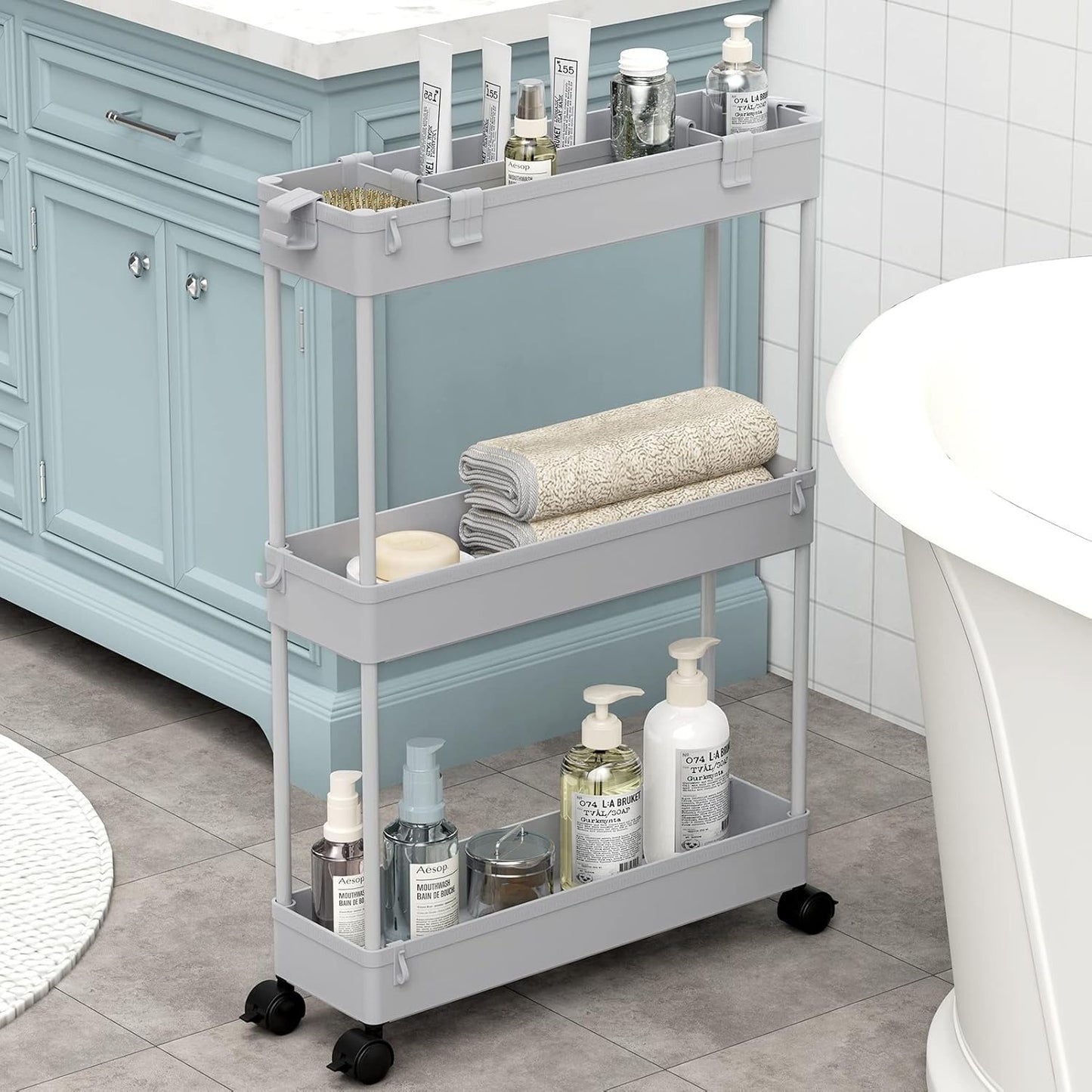 SPACELEAD Slim Rolling Cart, Bathroom Storage Cart with Lockable Wheels, Storage Organizer, Mobile Shelving Unit Cart for Bathroom, Laundry Room, Kitchen and Office
