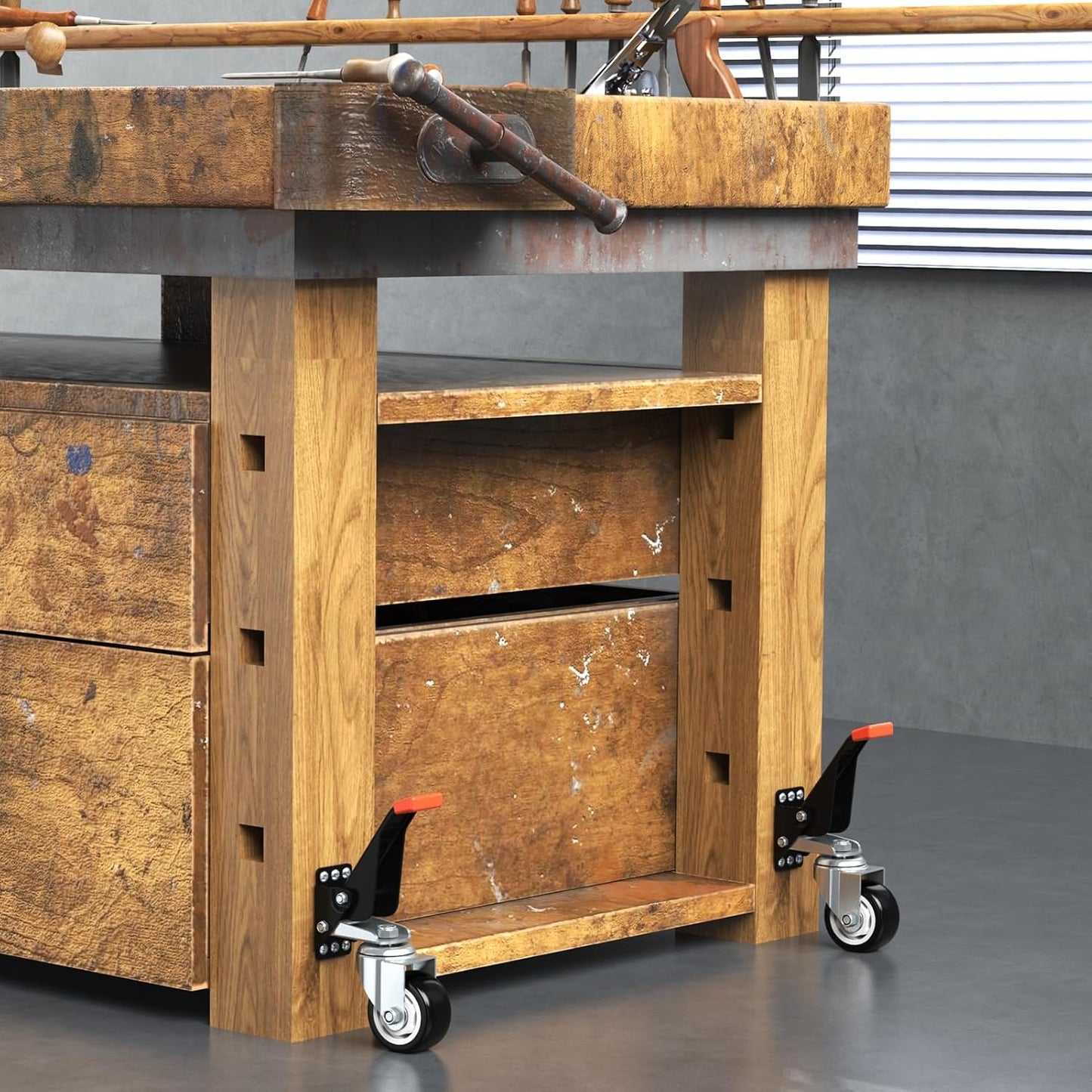 LLMRR Workbench Casters Kit, 4 PCS Heavy Duty Casters with Brake, with Lifting and Lowering Function, Quick Release Stepdown Caster for Workbenches, Machinery and Tables