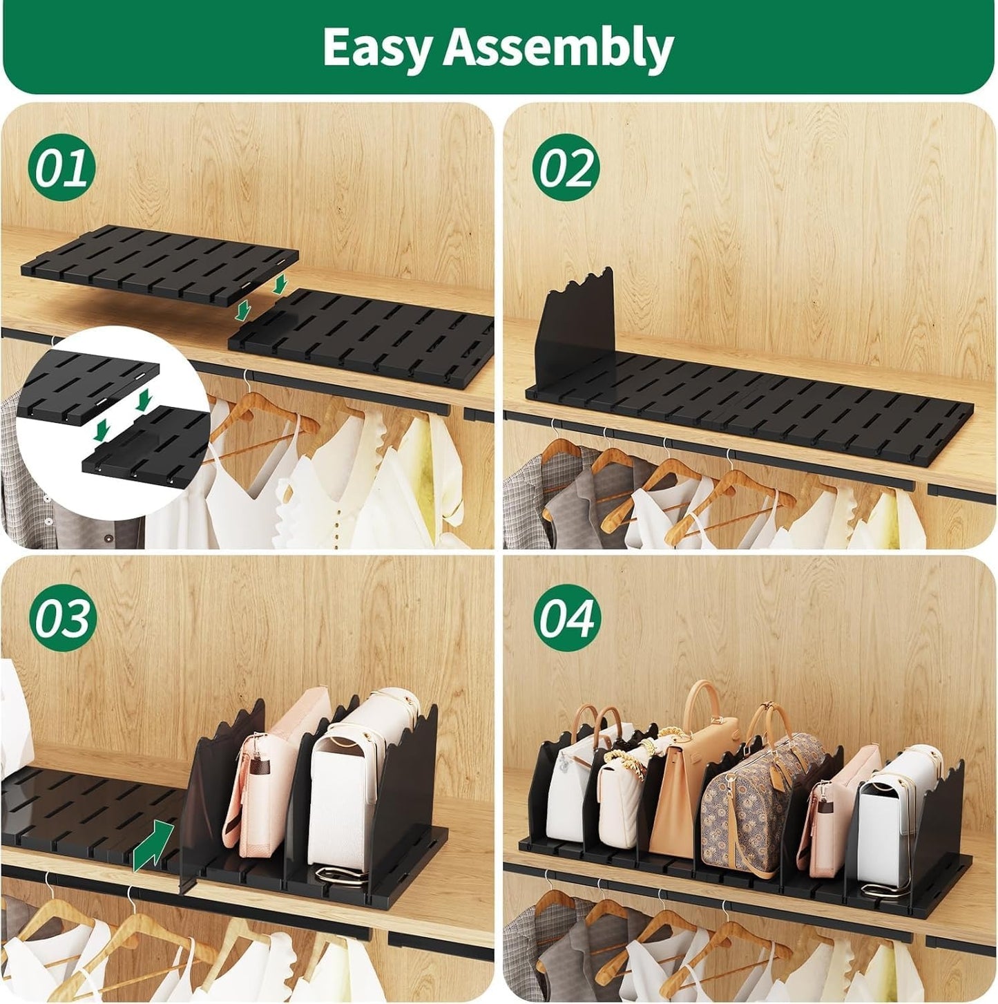 LLMRR Bag & Purse Organizer for Closet, Adjust	able Shelf Divider for Closet, Acrylic Handbag Separators Storage Organizer, Bookshelf Separator Divider for Bedroom, Living Room, Office