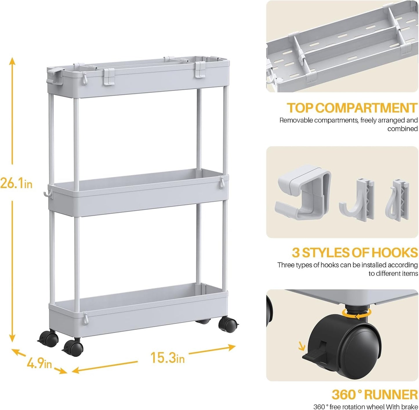 SPACELEAD Slim Rolling Cart, Bathroom Storage Cart with Lockable Wheels, Storage Organizer, Mobile Shelving Unit Cart for Bathroom, Laundry Room, Kitchen and Office