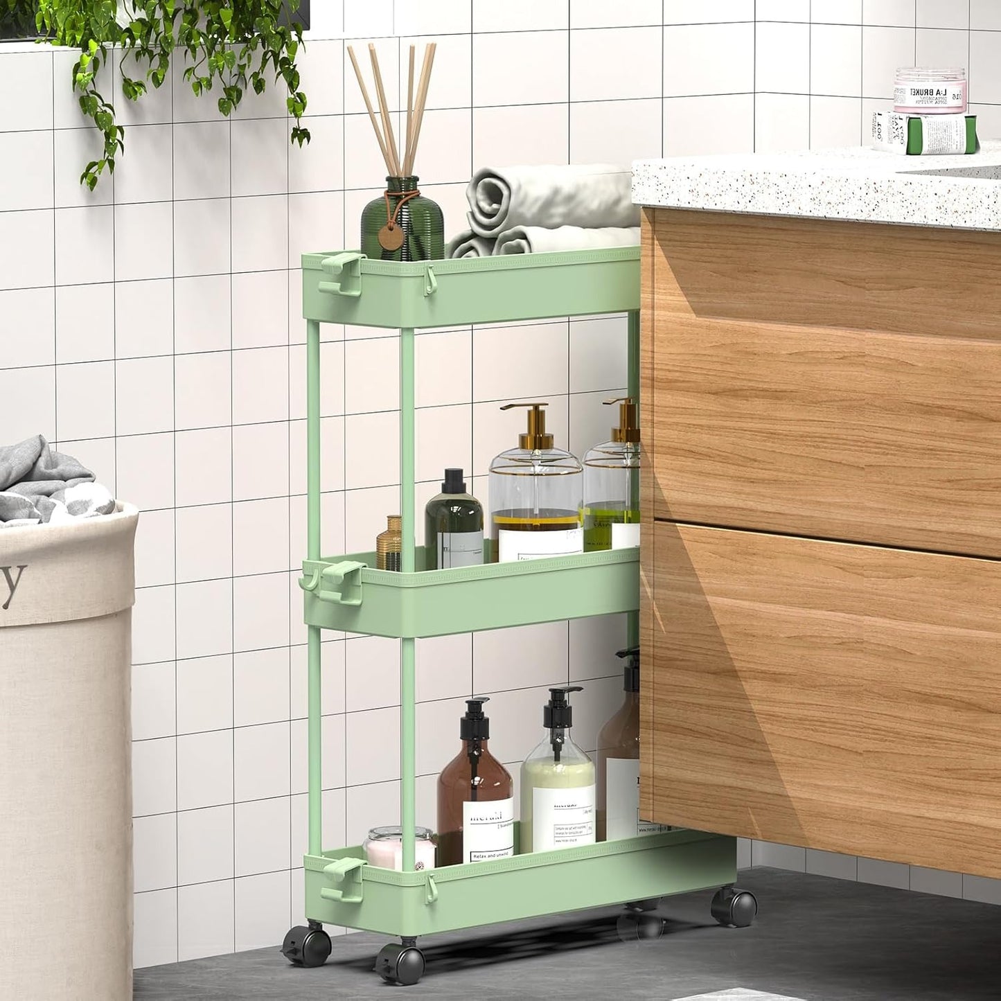 SPACELEAD Slim Rolling Cart, Bathroom Storage Cart with Lockable Wheels, Storage Organizer, Mobile Shelving Unit Cart for Bathroom, Laundry Room, Kitchen and Office