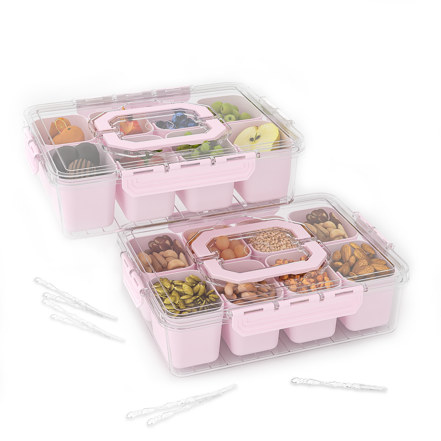 LLMRR Snackle Box Container, Divided Serving Tray with Lid and Handle, Portable Clear Snackle Box, Snack Box & Fruit Tray for Road Travel, Party, Veggie, Fruit, Candy