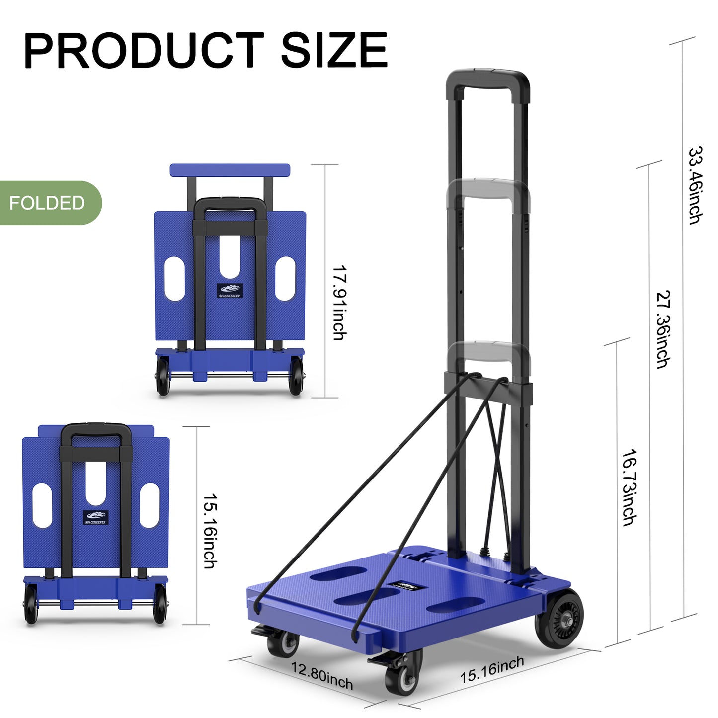 Foldable Dolly, Heavy Duty Dolly Cart, Hand Trucks Dolly, Fold Hand Trucks with 4 Wheels & 2 Elastic Ropes, 265 LB Dolly Cart Luggage Cart for Moving, Traveling and Shopping