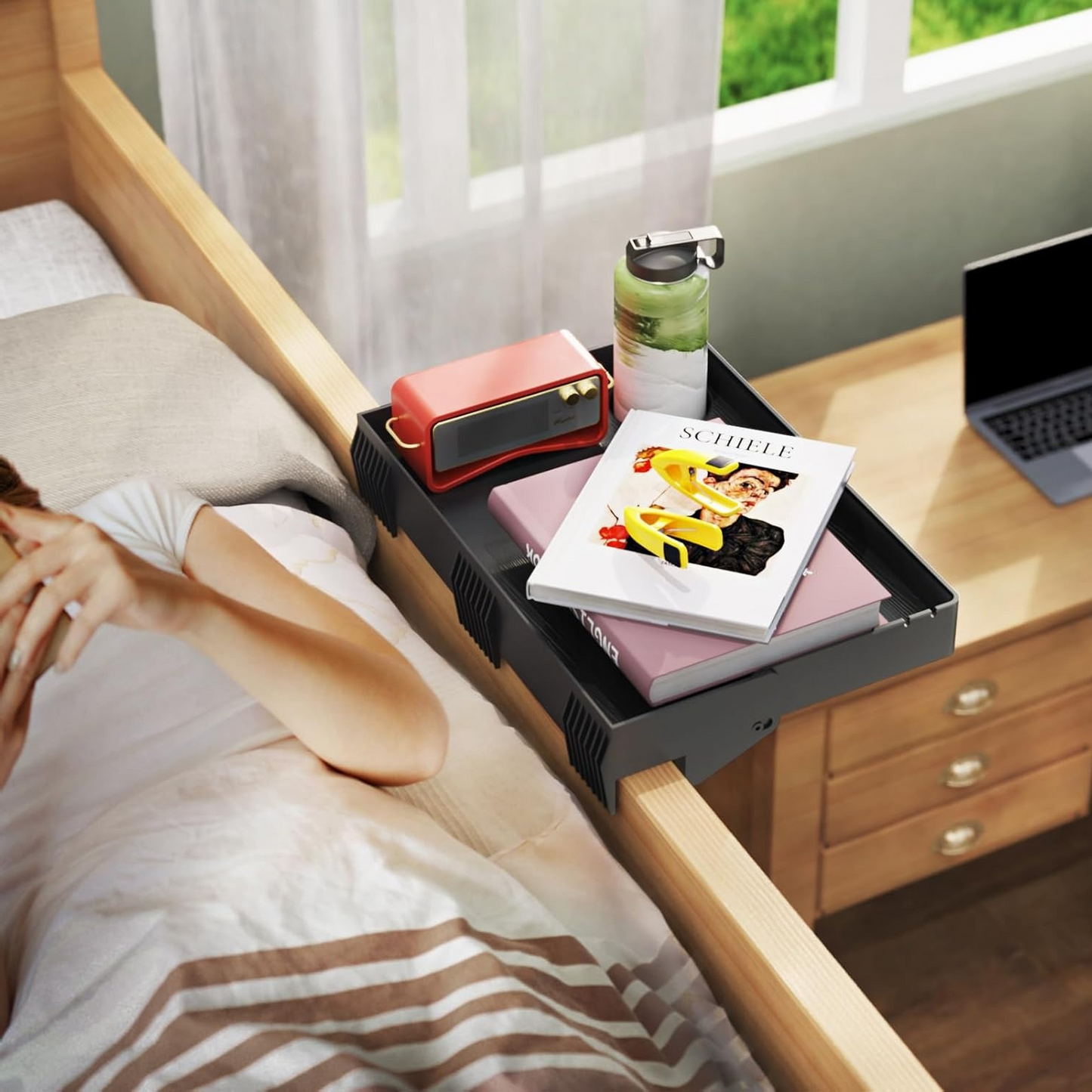LLMRR Bedside Shelf, Foldable Bunk Bed Shelf, Attachable Bedside Table with Hooks, College Dorm Room Essentials, Bedside Caddy Tray Organizer for Loft Bed, Dorm Bed