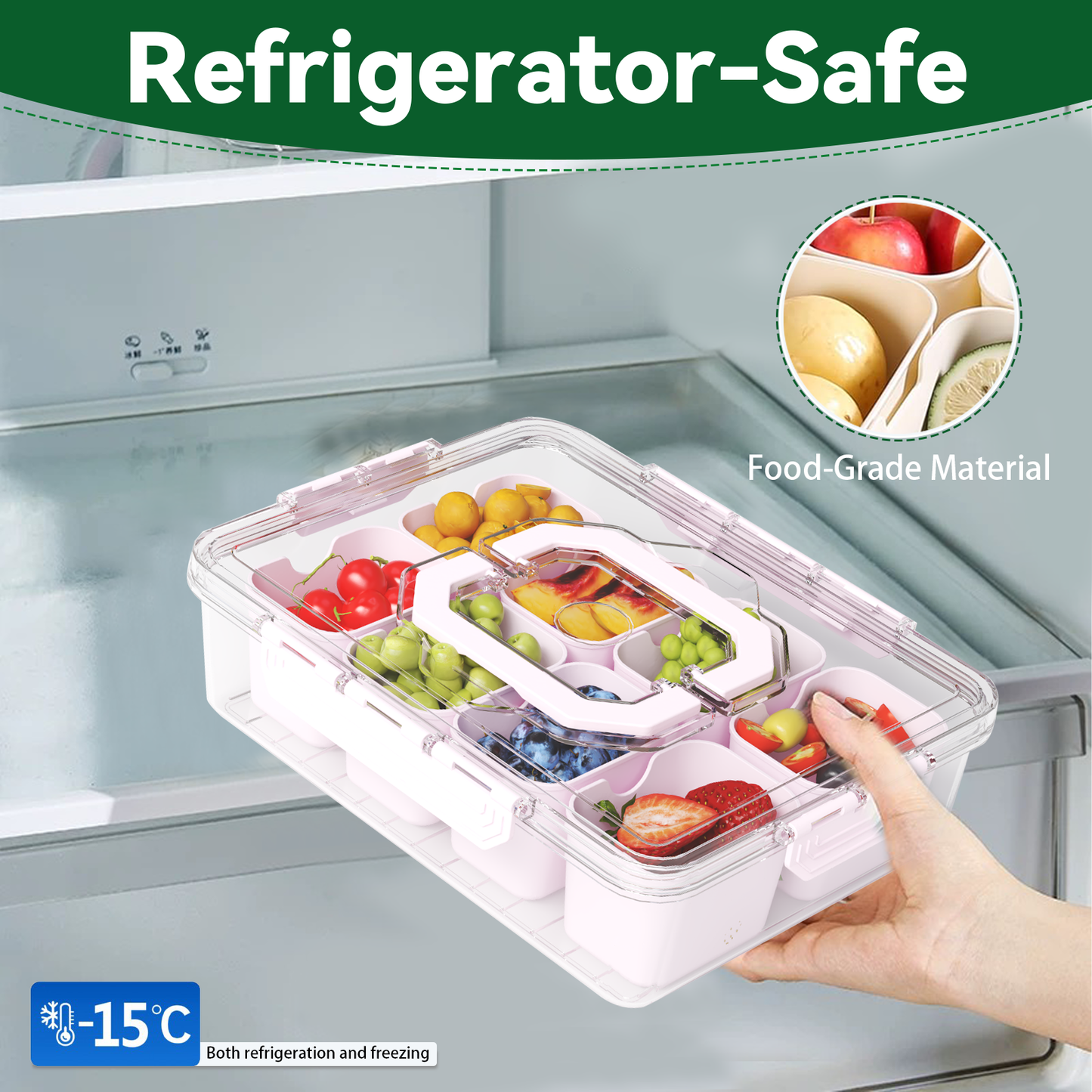 LLMRR Snackle Box Container, Divided Serving Tray with Lid and Handle, Portable Clear Snackle Box, Snack Box & Fruit Tray for Road Travel, Party, Veggie, Fruit, Candy