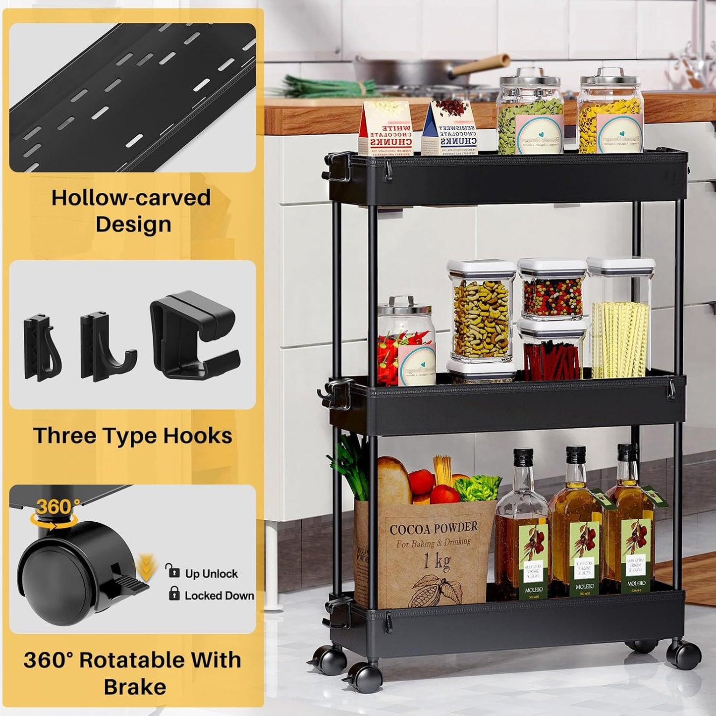 SPACELEAD Slim Rolling Cart, Bathroom Storage Cart with Lockable Wheels, Storage Organizer, Mobile Shelving Unit Cart for Bathroom, Laundry Room, Kitchen and Office