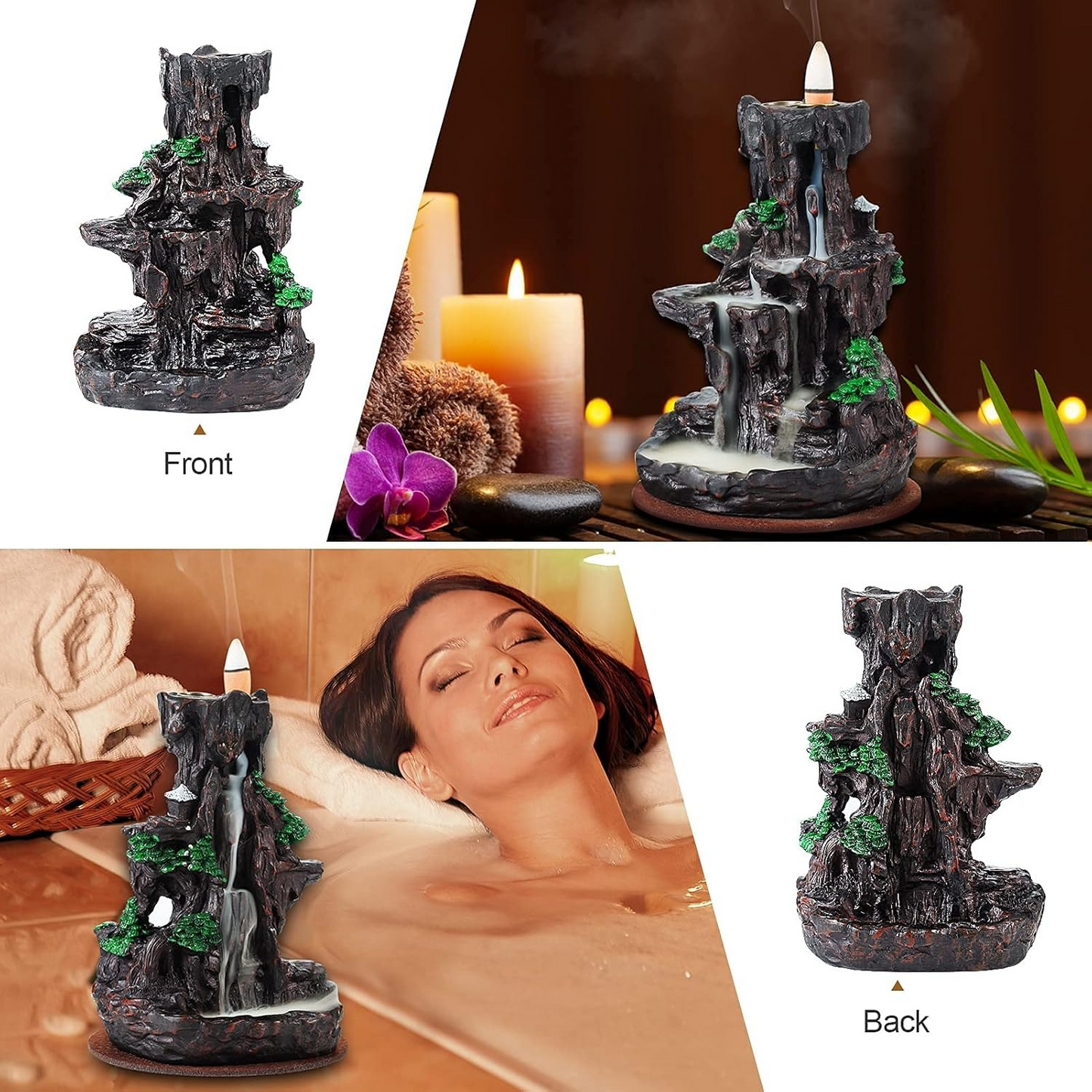 LLMRR Waterfall Incense Burner, Backflow Incense Burner, Resin Mountain Incense Holders with 30 Incense Stick & 120 Backflow Incense Cones, Monk Incense Burner for Office, Yoga Room, Double Side