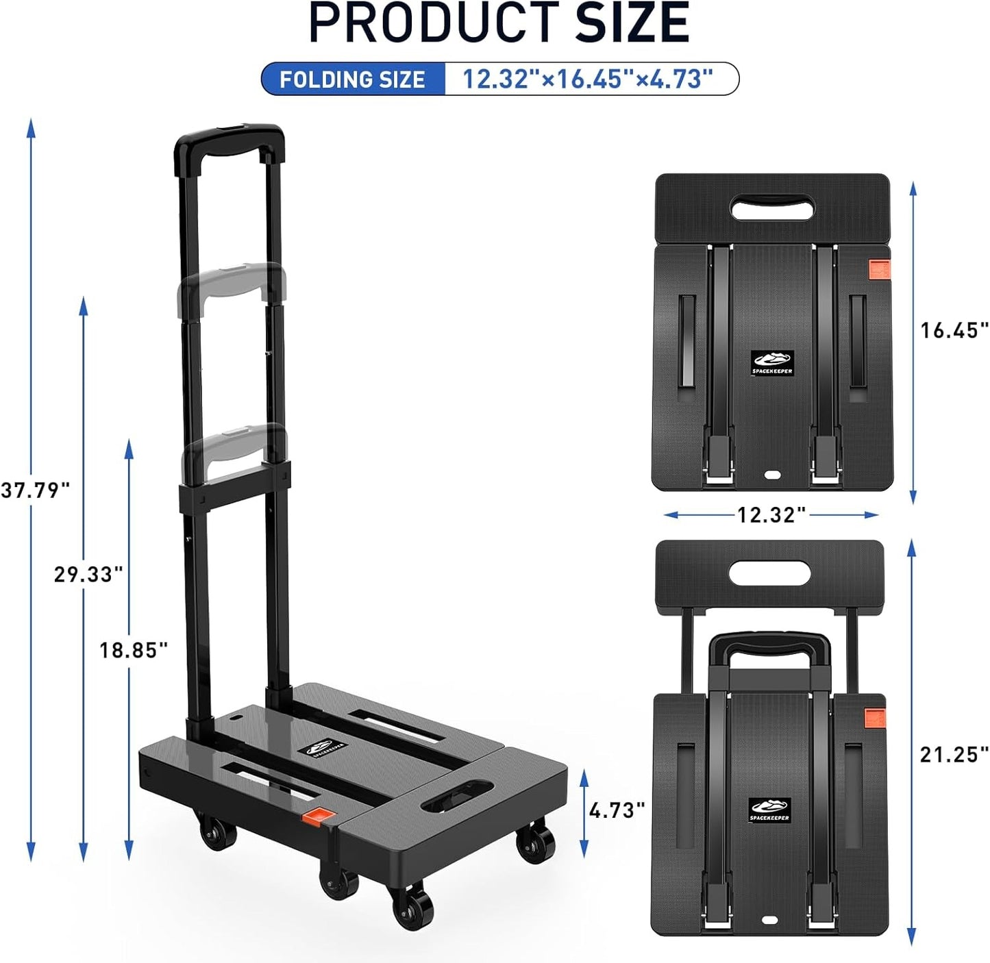 Foldable Dolly, Heavy Duty Dolly Cart, Folding Hand Truck with 6 Wheels & 2 Elastic Ropes, 500 LB Dolly Cart Capacity Portable Luggage Cart for Moving, Traveling and Shopping