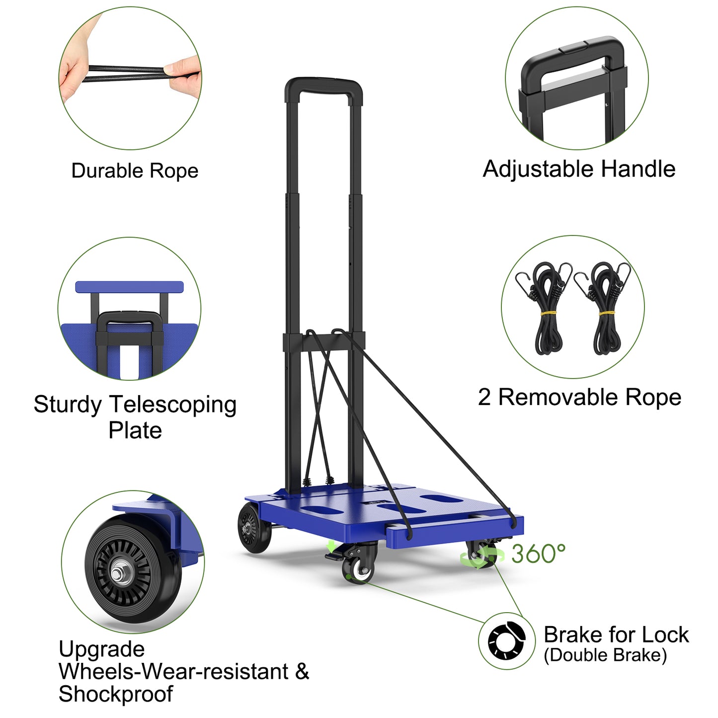 Foldable Dolly, Heavy Duty Dolly Cart, Hand Trucks Dolly, Fold Hand Trucks with 4 Wheels & 2 Elastic Ropes, 265 LB Dolly Cart Luggage Cart for Moving, Traveling and Shopping
