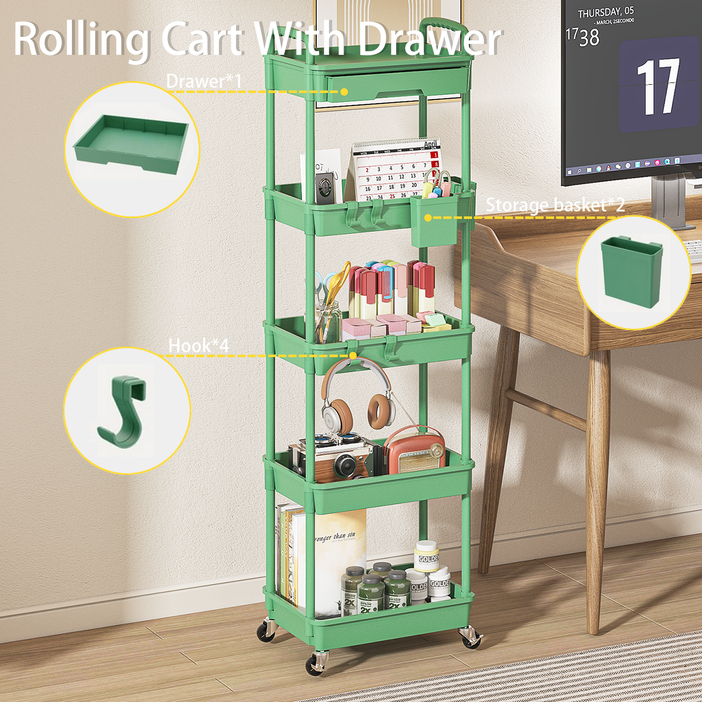 LLMRR 5 Tier Rolling Cart with Drawer, Utility cart with Handle, Bathroom Cart, Snack Cart, Storage Organizer with Lockable Wheels, Rolling Storage Cart for Kitchen, Bathroom, Office, 5 Tier