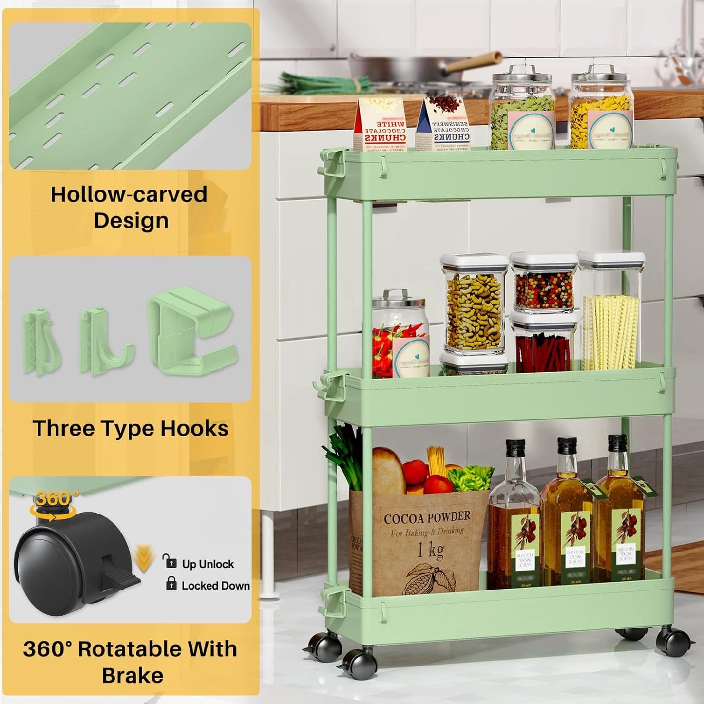 SPACELEAD Slim Rolling Cart, Bathroom Storage Cart with Lockable Wheels, Storage Organizer, Mobile Shelving Unit Cart for Bathroom, Laundry Room, Kitchen and Office