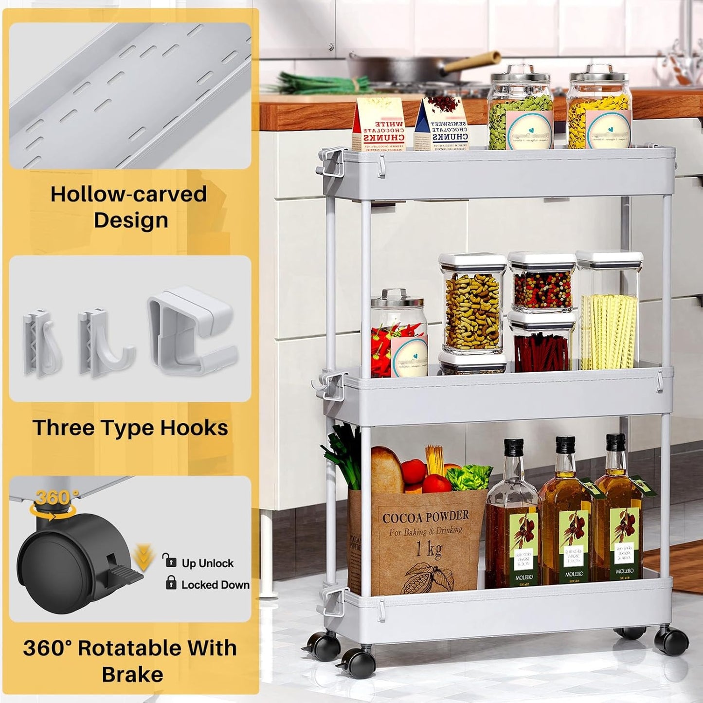 SPACELEAD Slim Rolling Cart, Bathroom Storage Cart with Lockable Wheels, Storage Organizer, Mobile Shelving Unit Cart for Bathroom, Laundry Room, Kitchen and Office