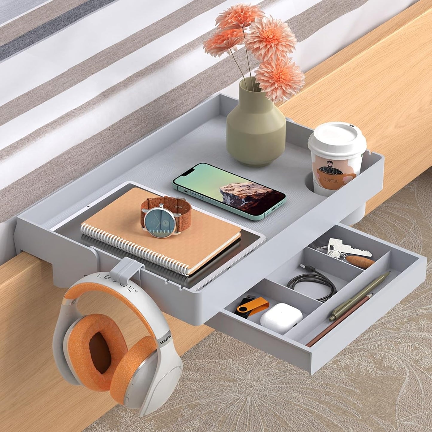 LLMRR Bedside Shelf, Foldable Bunk Bed Shelf, Attachable Bedside Table with Hooks, College Dorm Room Essentials, Bedside Caddy Tray Organizer for Loft Bed, Dorm Bed