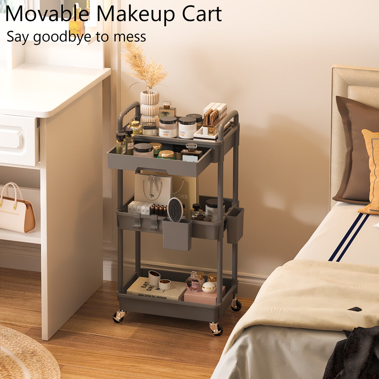 3 Tier Rolling Cart with Drawer, Utility cart with Handle, Bathroom Cart, Snack Cart, Storage Organizer with Lockable Wheels, Rolling Storage Cart for Kitchen, Bathroom, Office, 3 Tier