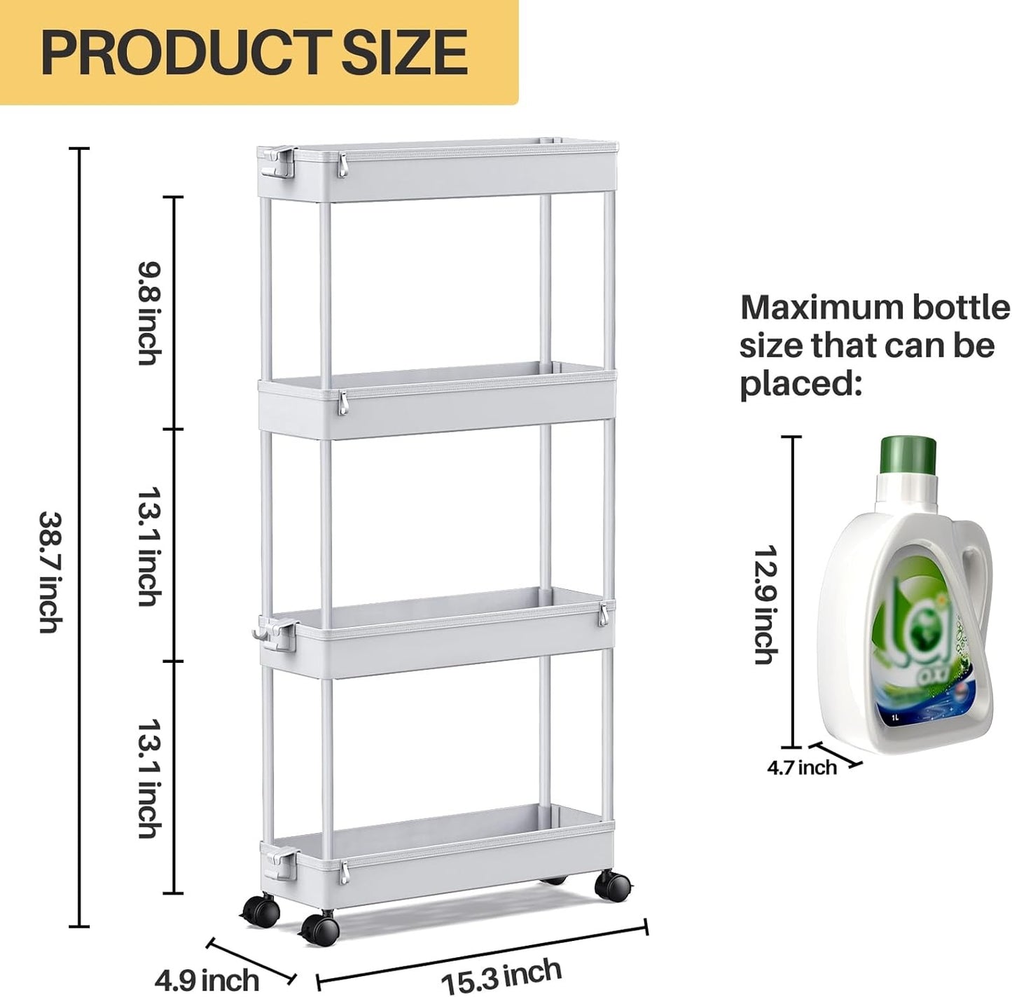 SPACELEAD Slim Rolling Cart, Bathroom Storage Cart with Lockable Wheels, Storage Organizer, Mobile Shelving Unit Cart for Bathroom, Laundry Room, Kitchen and Office