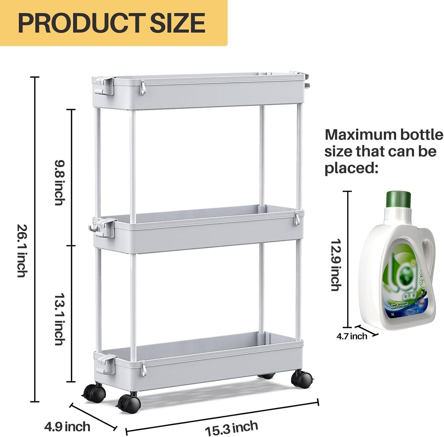 SPACELEAD Slim Rolling Cart, Bathroom Storage Cart with Lockable Wheels, Storage Organizer, Mobile Shelving Unit Cart for Bathroom, Laundry Room, Kitchen and Office