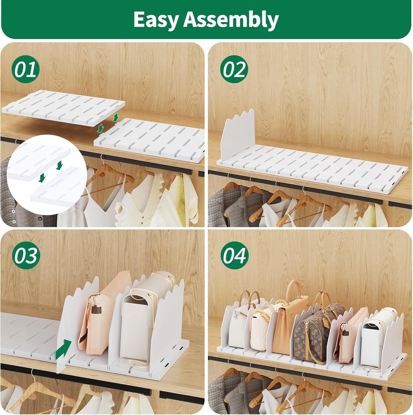 LLMRR Bag & Purse Organizer for Closet, Adjust	able Shelf Divider for Closet, Acrylic Handbag Separators Storage Organizer, Bookshelf Separator Divider for Bedroom, Living Room, Office