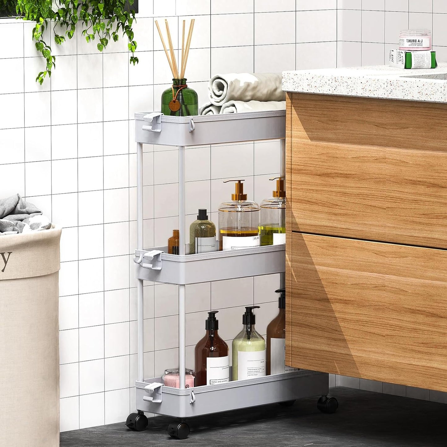 SPACELEAD Slim Rolling Cart, Bathroom Storage Cart with Lockable Wheels, Storage Organizer, Mobile Shelving Unit Cart for Bathroom, Laundry Room, Kitchen and Office