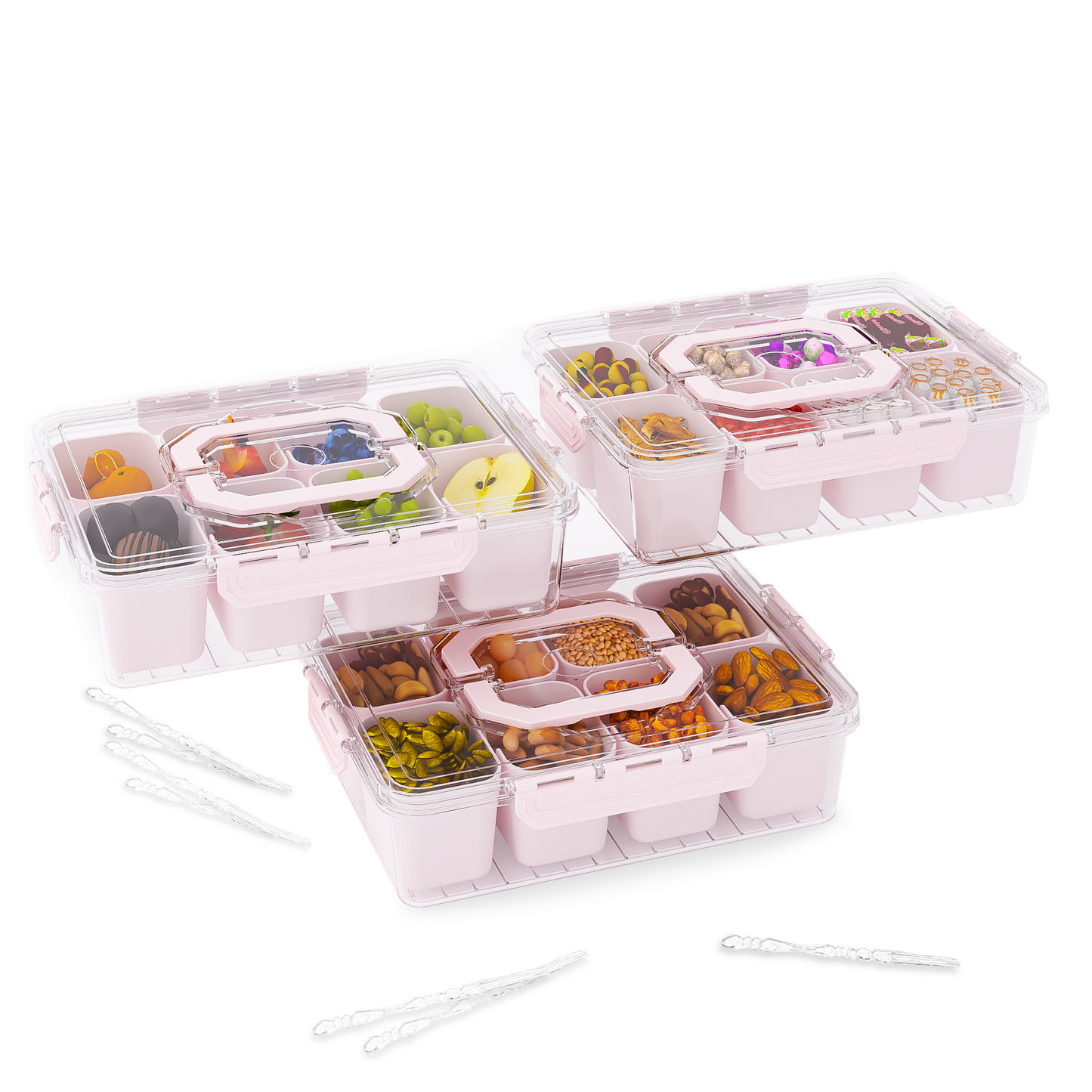 LLMRR Snackle Box Container, Divided Serving Tray with Lid and Handle, Portable Clear Snackle Box, Snack Box & Fruit Tray for Road Travel, Party, Veggie, Fruit, Candy