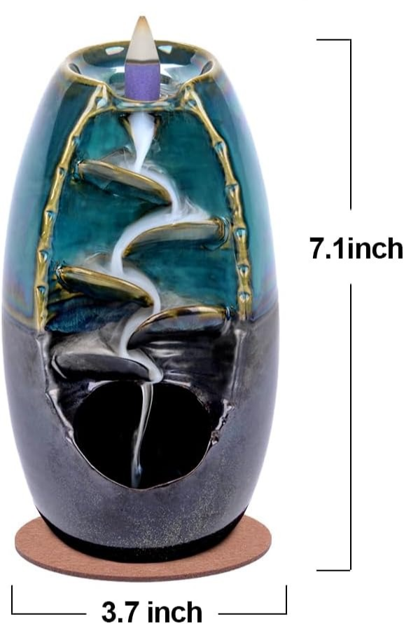 LLMRR Ceramic Waterfall Incense Burner, Backflow Incense Burner, Ornament Home Decor with 30 Incense Stick & 120 Backflow Incense Cones, 	Aromatherapy Ornament for Office, Yoga Room