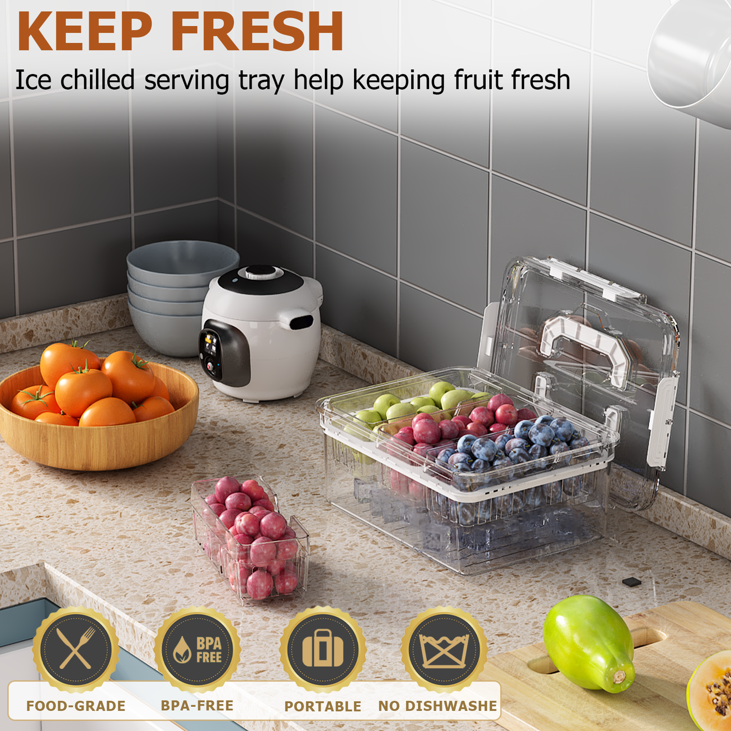 LLMRR Versatile Snackle Box Container, Chilled Serving Tray with Handle, Chilled Condiment Server with 3 Separate Containers, Fruit Platter Tray for Parties, Road Travel, Fruit, Veggies and Snacks