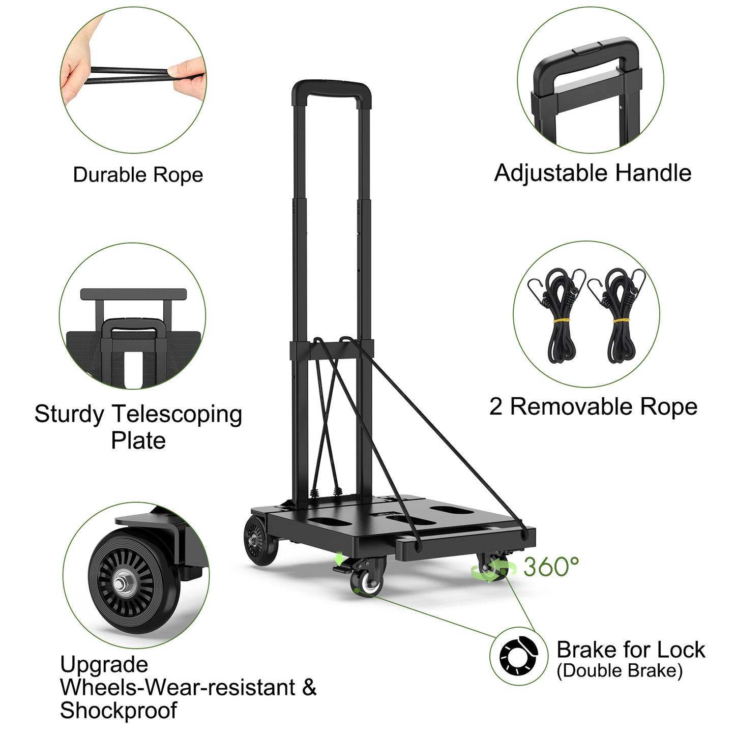 Foldable Dolly, Heavy Duty Dolly Cart, Hand Trucks Dolly, Fold Hand Trucks with 4 Wheels & 2 Elastic Ropes, 265 LB Dolly Cart Luggage Cart for Moving, Traveling and Shopping