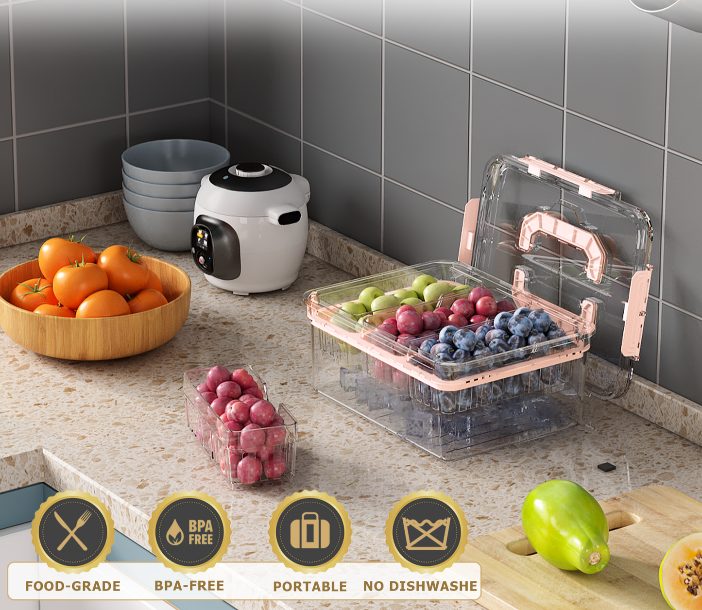 LLMRR Versatile Snackle Box Container, Chilled Serving Tray with Handle, Chilled Condiment Server with 3 Separate Containers, Fruit Platter Tray for Parties, Road Travel, Fruit, Veggies and Snacks