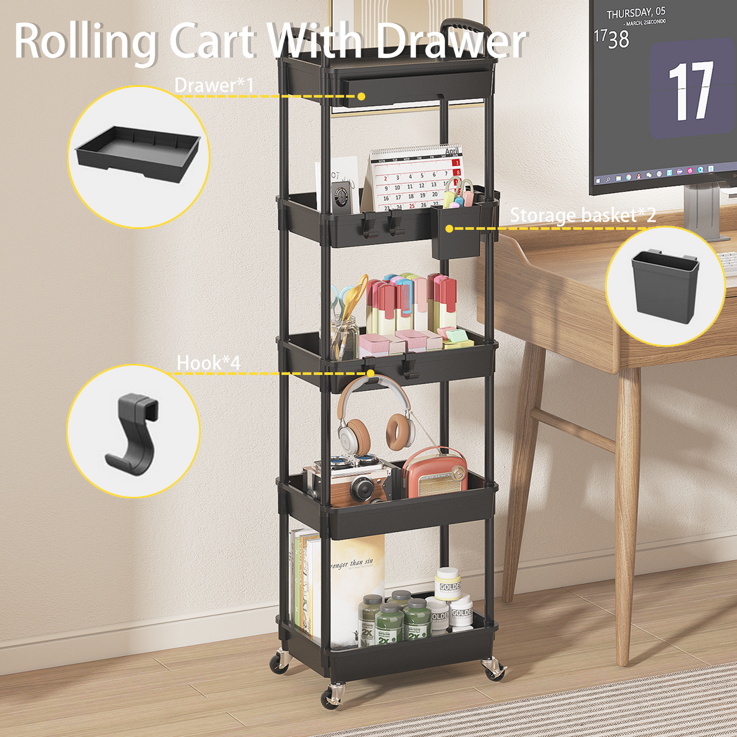 LLMRR 5 Tier Rolling Cart with Drawer, Utility cart with Handle, Bathroom Cart, Snack Cart, Storage Organizer with Lockable Wheels, Rolling Storage Cart for Kitchen, Bathroom, Office, 5 Tier