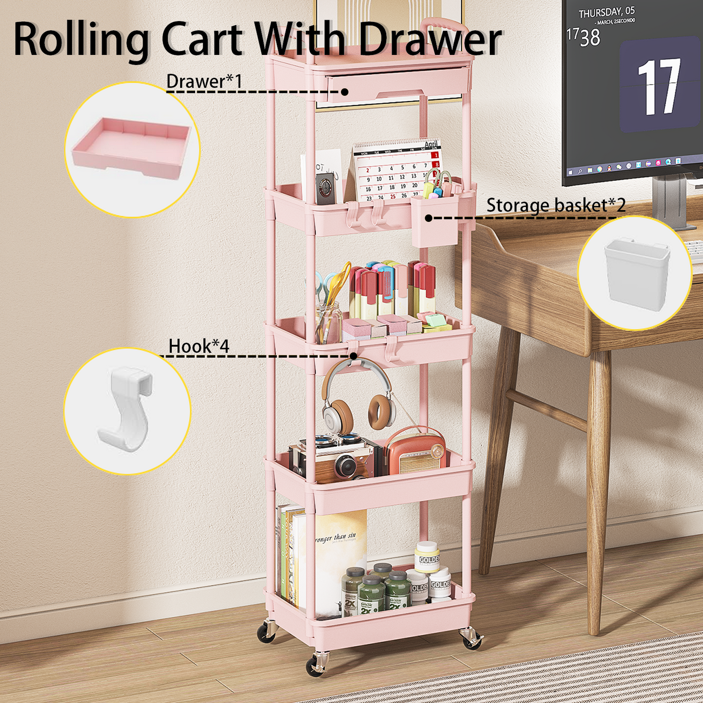 LLMRR 5 Tier Rolling Cart with Drawer, Utility cart with Handle, Bathroom Cart, Snack Cart, Storage Organizer with Lockable Wheels, Rolling Storage Cart for Kitchen, Bathroom, Office, 5 Tier
