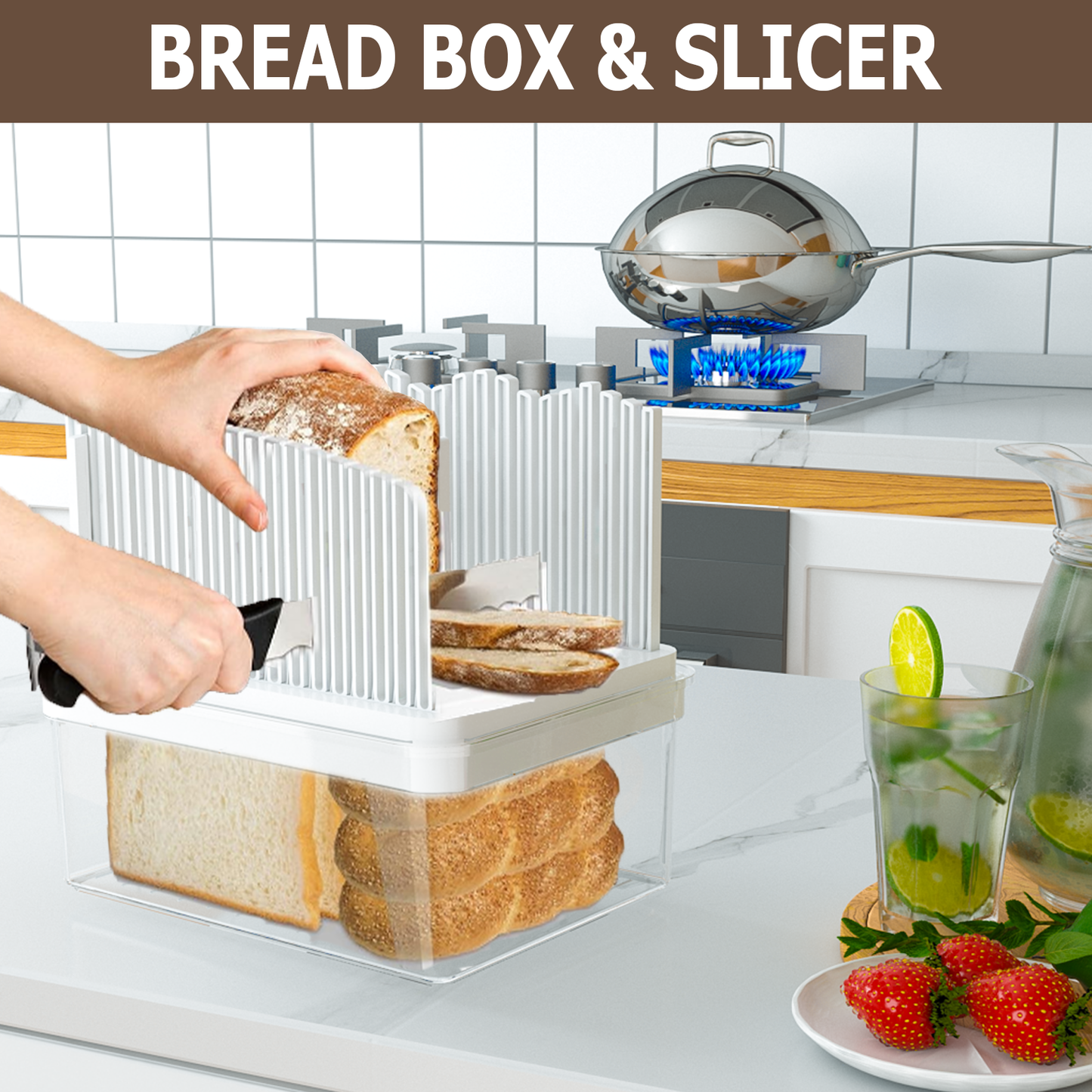 LLMRR New Versatile Bread Slicer for Homemade Bread, Bagel Slicer with Transparent Storage Box, Bread Cutter Bread Slicer, Sealed Store of Bread Slices, Suitable for Bagels, Sandwiches and Toast