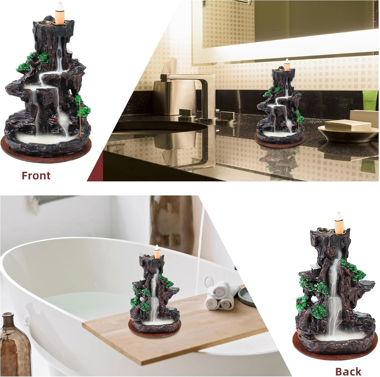 LLMRR Waterfall Incense Burner, Backflow Incense Burner, Resin Mountain Incense Holders with 30 Incense Stick & 120 Backflow Incense Cones, Monk Incense Burner for Office, Yoga Room, Double Side