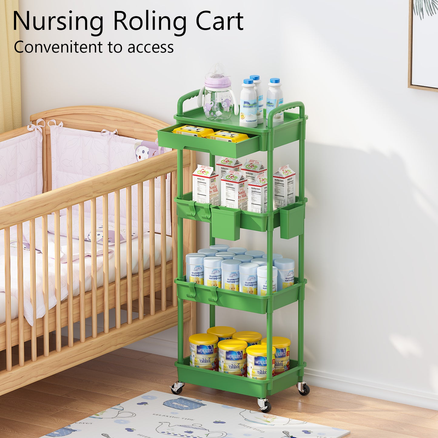 4 Tier Rolling Cart with Drawer, Utility cart with Handle, Bathroom Cart, Snack Cart, Storage Organizer with Lockable Wheels, Rolling Storage Cart for Kitchen, Bathroom, Office, 4 Tier