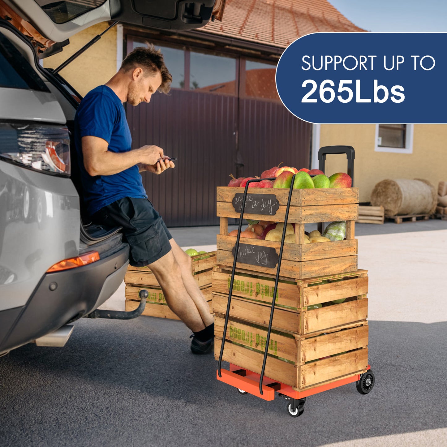 Foldable Dolly, Heavy Duty Dolly Cart, Hand Trucks Dolly, Fold Hand Trucks with 4 Wheels & 2 Elastic Ropes, 265 LB Dolly Cart Luggage Cart for Moving, Traveling and Shopping
