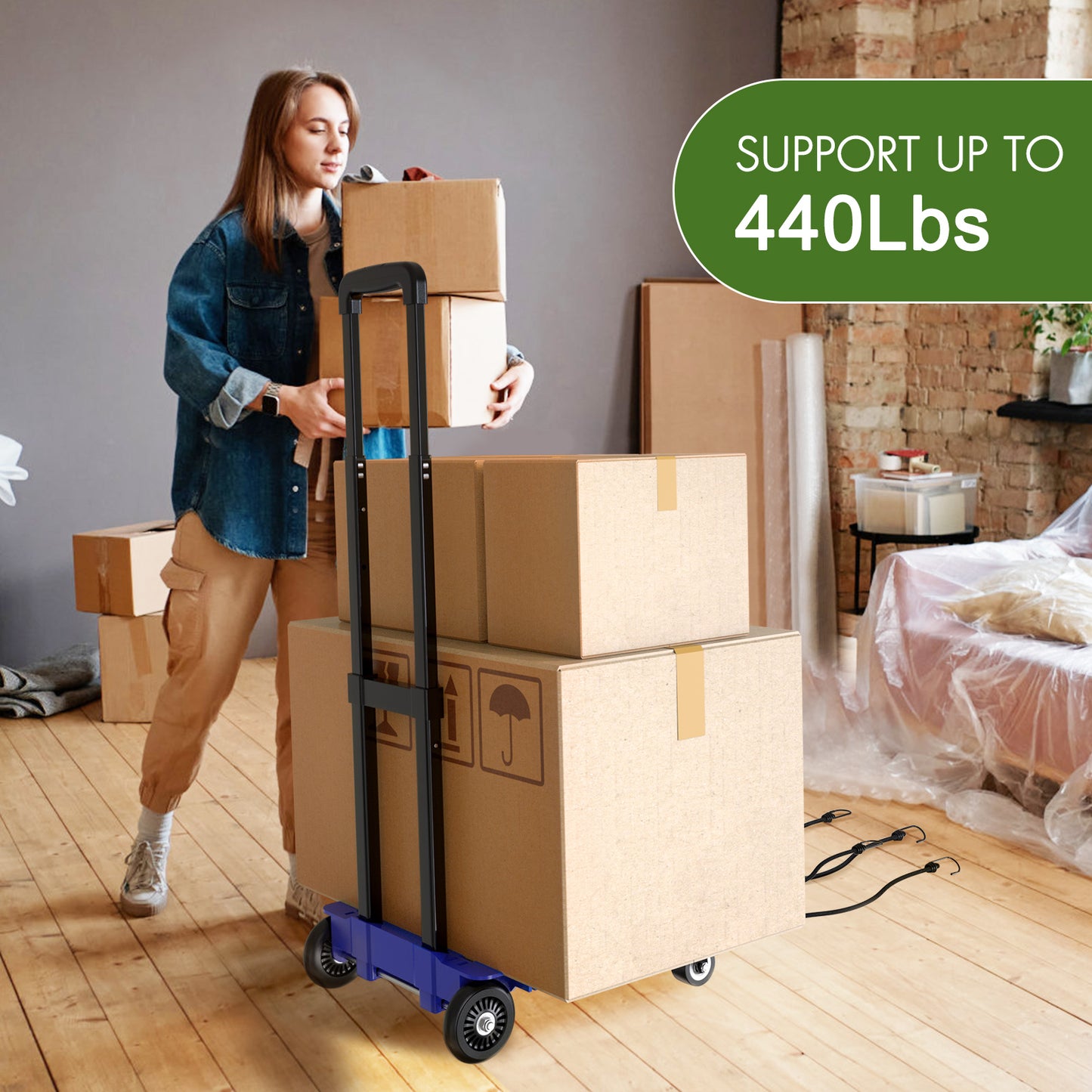 Foldable Dolly, Heavy Duty Dolly Cart, Hand Trucks Dolly, Fold Hand Trucks with 4 Wheels & 2 Elastic Ropes, 265 LB Dolly Cart Luggage Cart for Moving, Traveling and Shopping