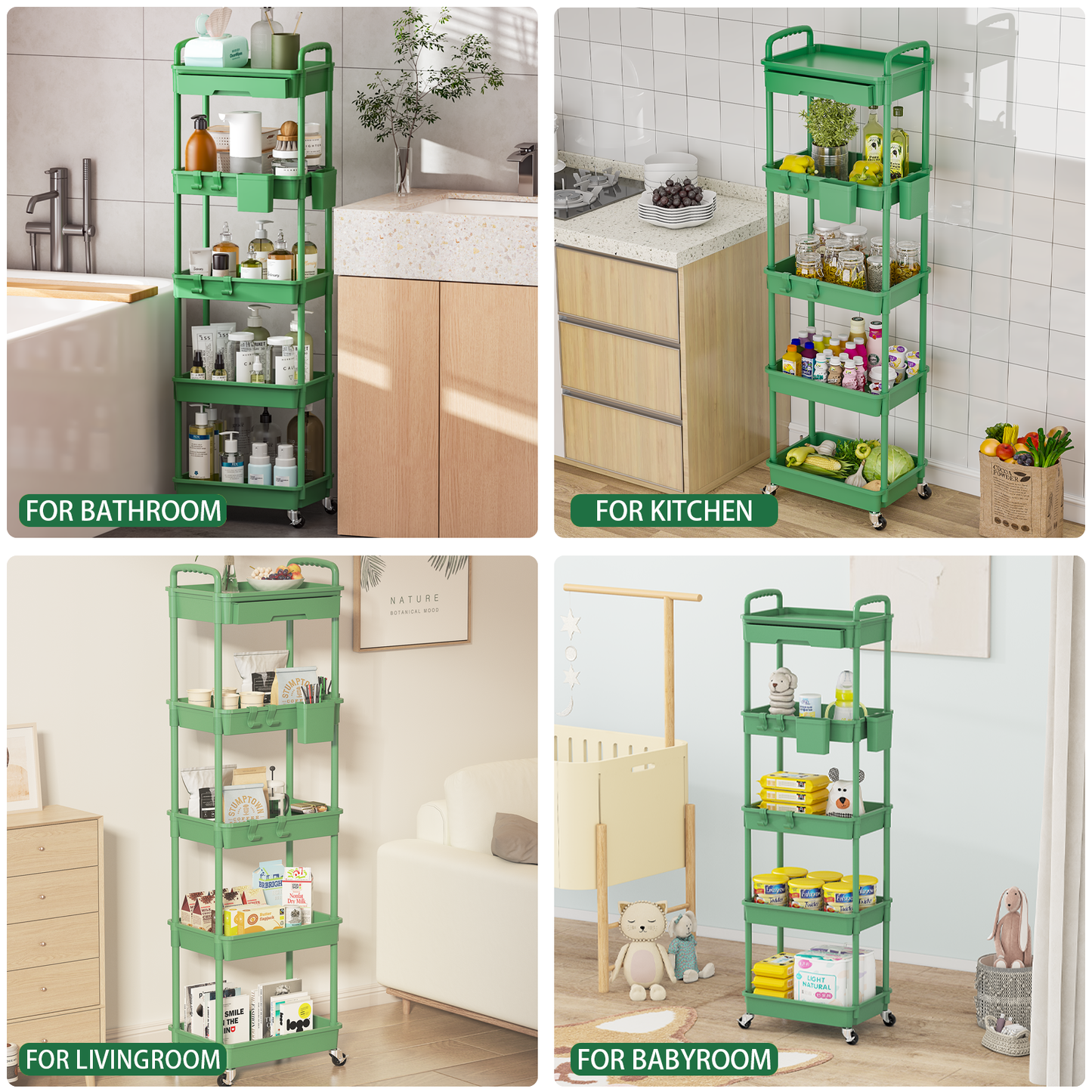 LLMRR 5 Tier Rolling Cart with Drawer, Utility cart with Handle, Bathroom Cart, Snack Cart, Storage Organizer with Lockable Wheels, Rolling Storage Cart for Kitchen, Bathroom, Office, 5 Tier
