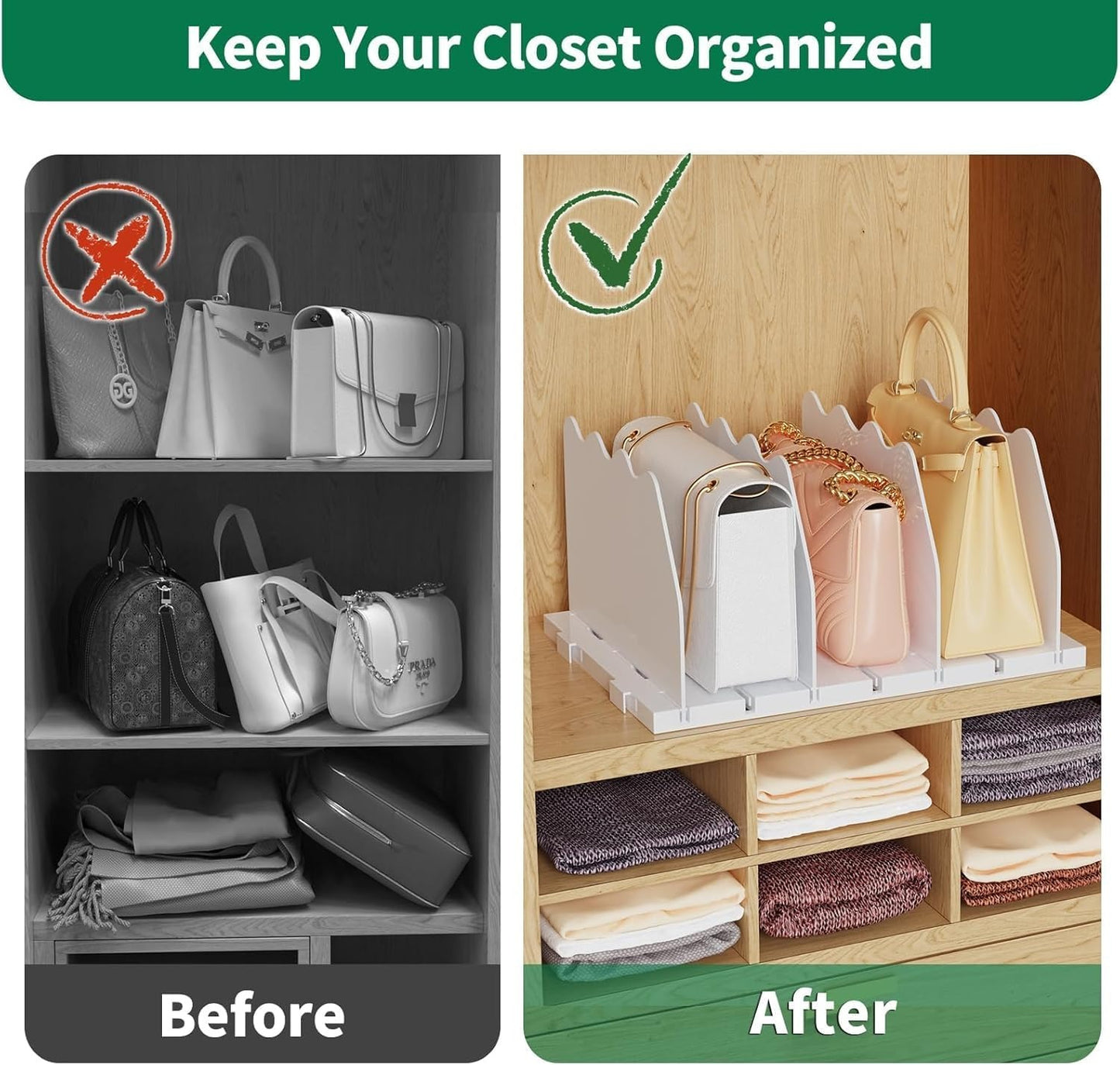 LLMRR Bag & Purse Organizer for Closet, Adjust	able Shelf Divider for Closet, Acrylic Handbag Separators Storage Organizer, Bookshelf Separator Divider for Bedroom, Living Room, Office