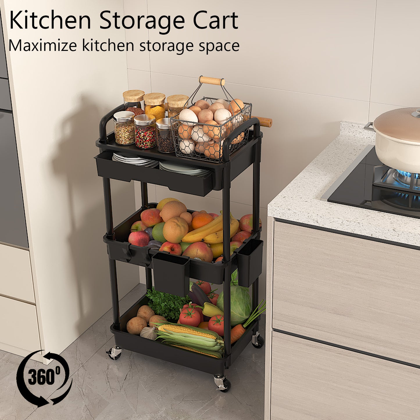 3 Tier Rolling Cart with Drawer, Utility cart with Handle, Bathroom Cart, Snack Cart, Storage Organizer with Lockable Wheels, Rolling Storage Cart for Kitchen, Bathroom, Office, 3 Tier