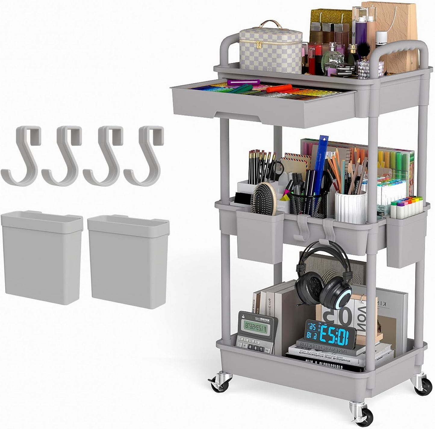 3 Tier Rolling Cart with Drawer, Utility cart with Handle, Bathroom Cart, Snack Cart, Storage Organizer with Lockable Wheels, Rolling Storage Cart for Kitchen, Bathroom, Office, 3 Tier