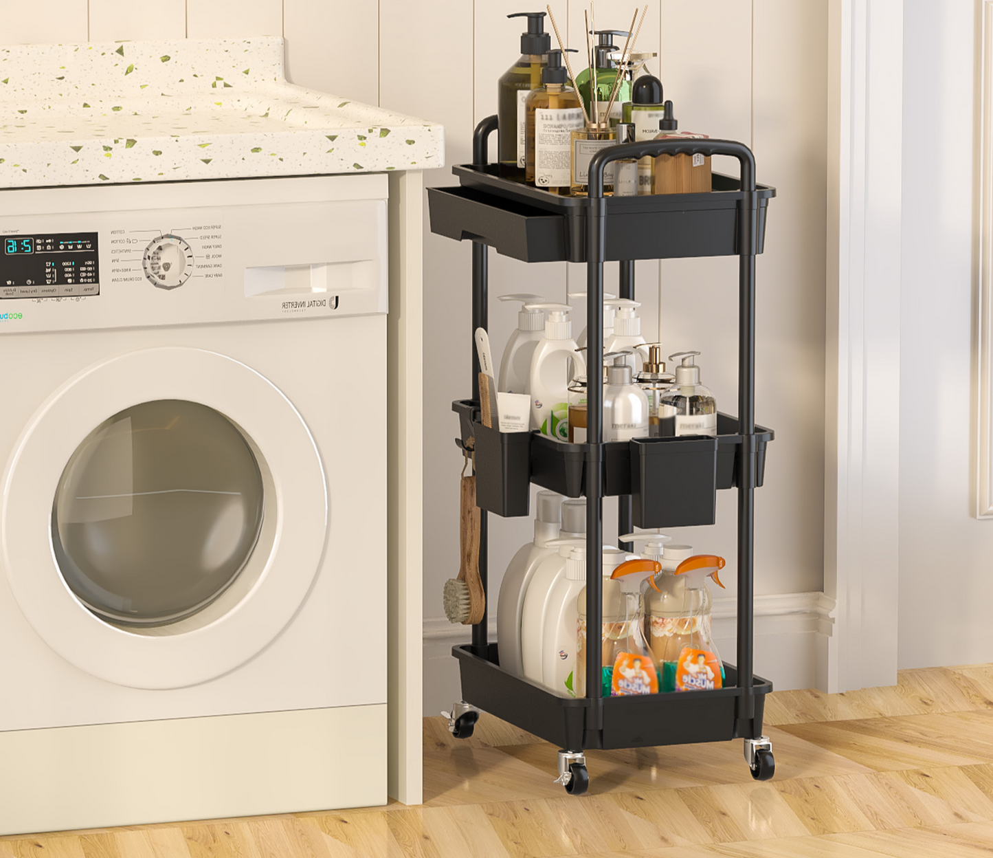 3 Tier Rolling Cart with Drawer, Utility cart with Handle, Bathroom Cart, Snack Cart, Storage Organizer with Lockable Wheels, Rolling Storage Cart for Kitchen, Bathroom, Office, 3 Tier