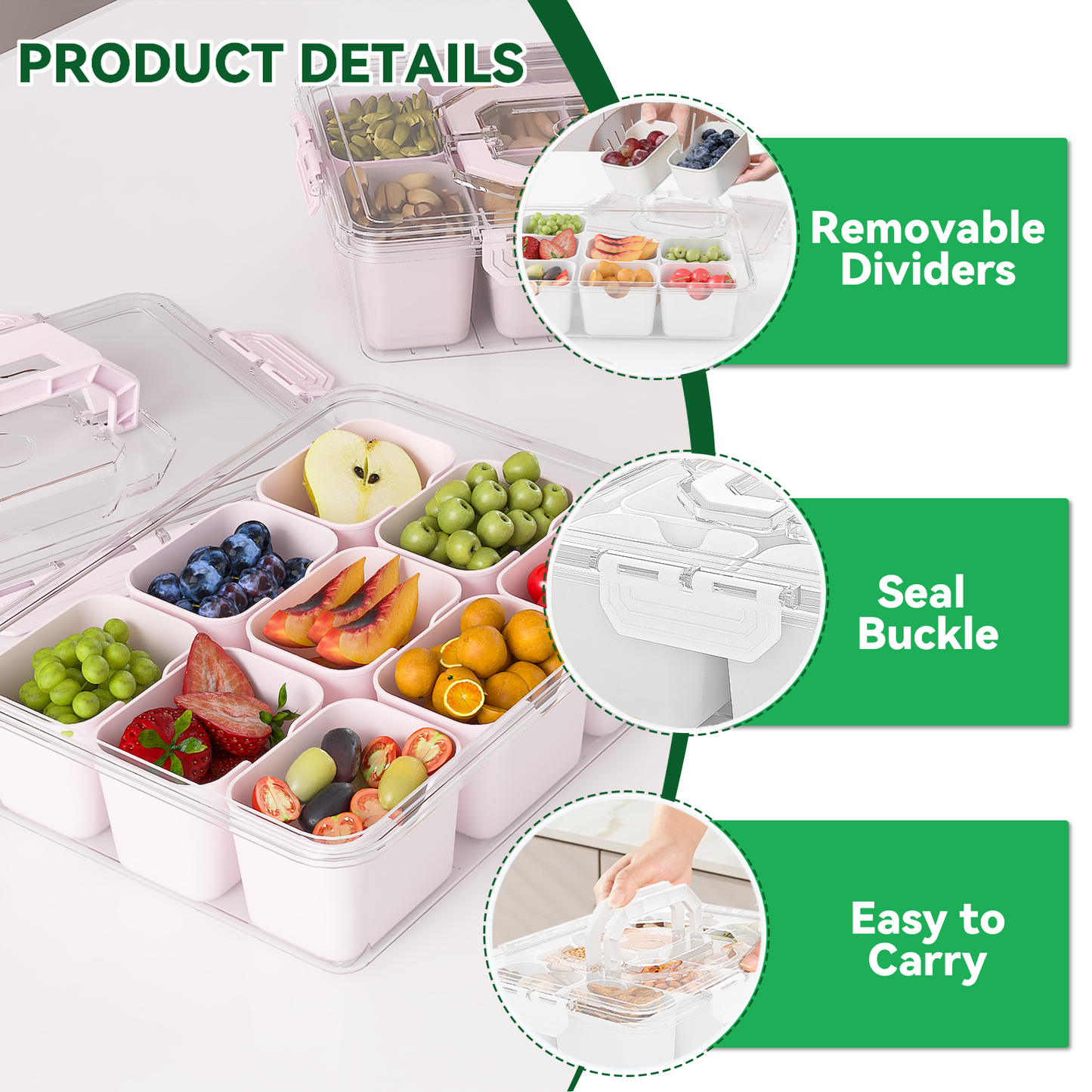LLMRR Snackle Box Container, Divided Serving Tray with Lid and Handle, Portable Clear Snackle Box, Snack Box & Fruit Tray for Road Travel, Party, Veggie, Fruit, Candy