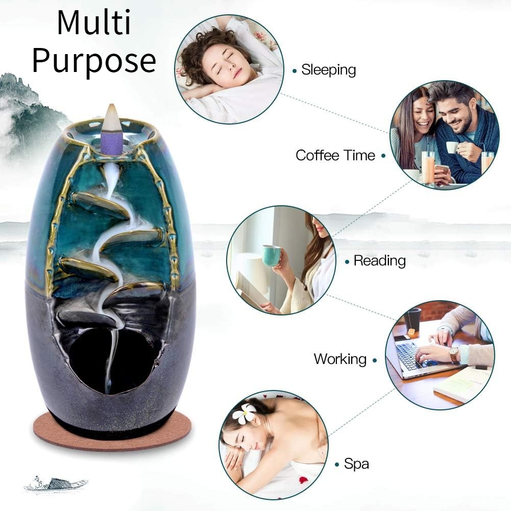 LLMRR Ceramic Waterfall Incense Burner, Backflow Incense Burner, Ornament Home Decor with 30 Incense Stick & 120 Backflow Incense Cones, 	Aromatherapy Ornament for Office, Yoga Room