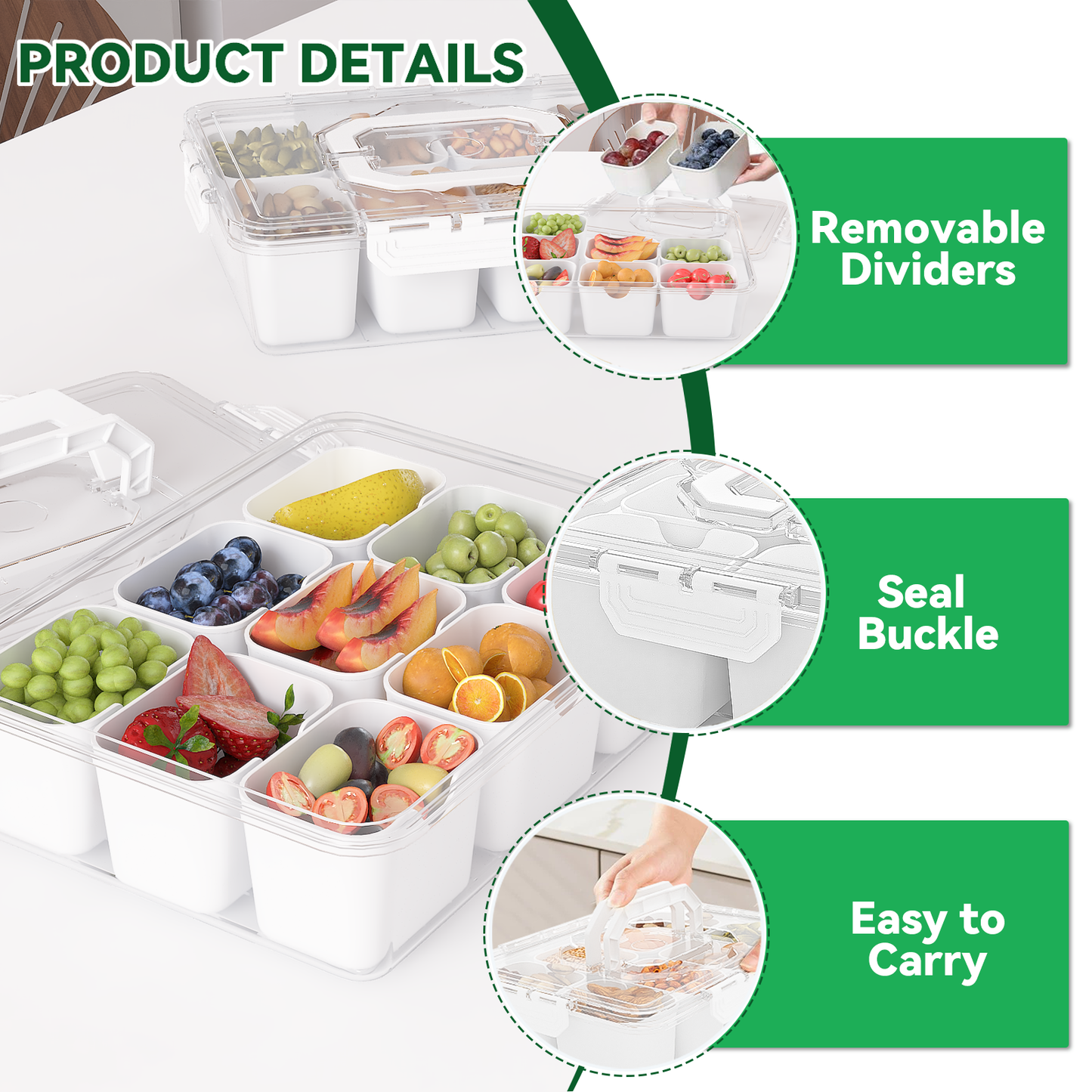 LLMRR Snackle Box Container, Divided Serving Tray with Lid and Handle, Portable Clear Snackle Box, Snack Box & Fruit Tray for Road Travel, Party, Veggie, Fruit, Candy