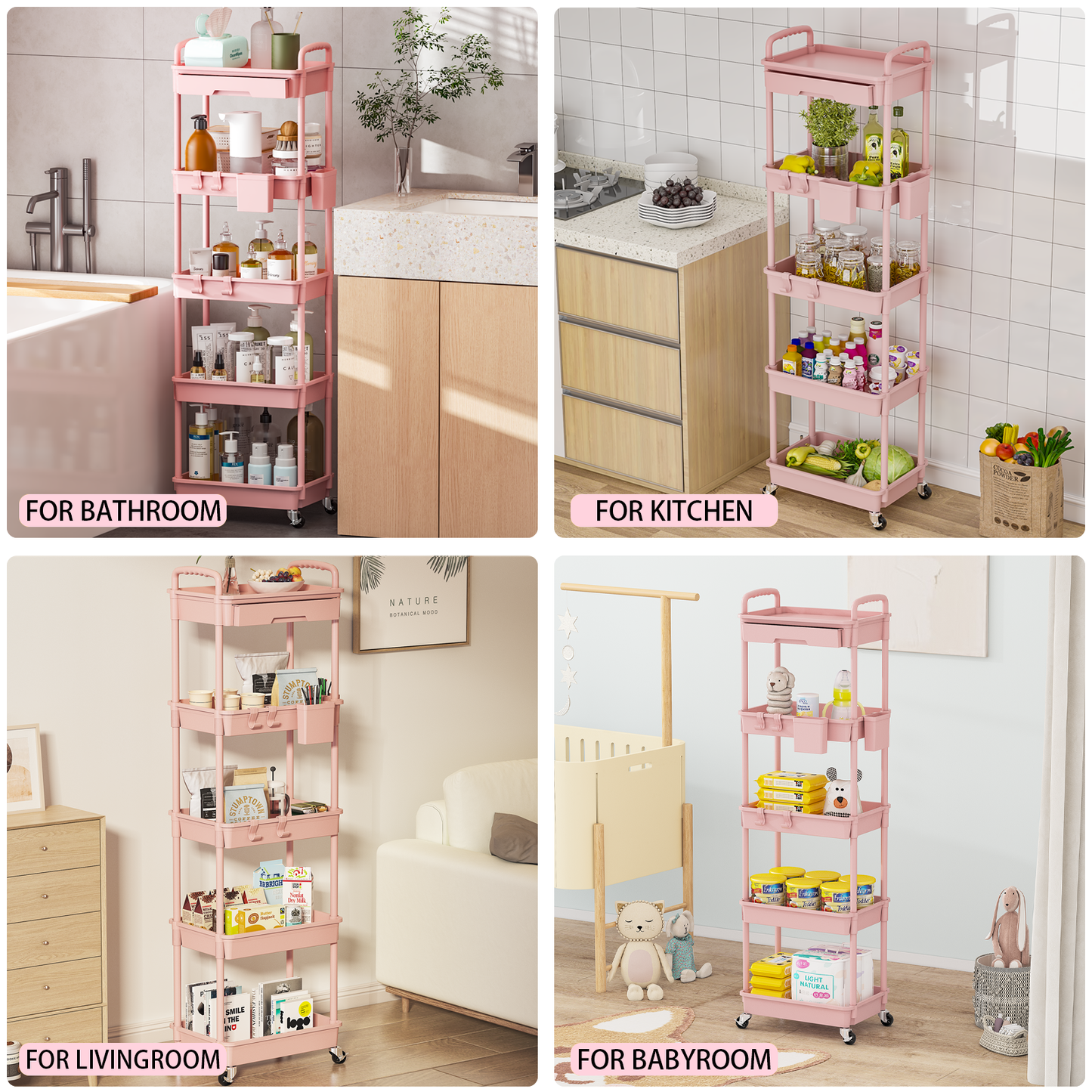 LLMRR 5 Tier Rolling Cart with Drawer, Utility cart with Handle, Bathroom Cart, Snack Cart, Storage Organizer with Lockable Wheels, Rolling Storage Cart for Kitchen, Bathroom, Office, 5 Tier