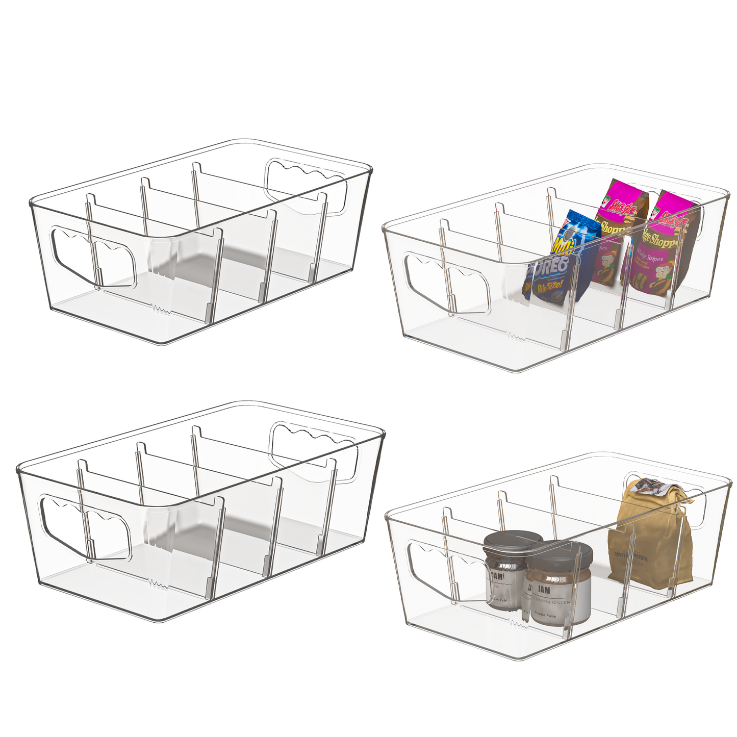 LLMRR Clear Storage Organizer, Clear Storage Bins, Plastic Storage Baskets with Removable Dividers, Plastic Storage Containers with Handles for Fridge, Pantry, Cabinet, Kitchen