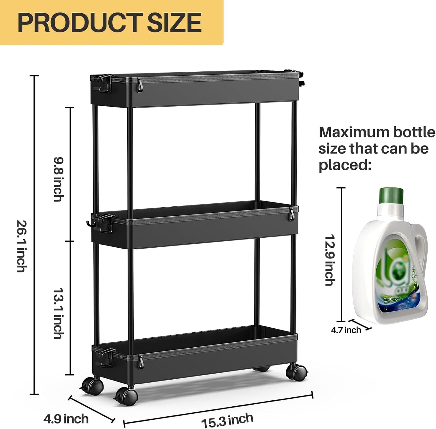 SPACELEAD Slim Rolling Cart, Bathroom Storage Cart with Lockable Wheels, Storage Organizer, Mobile Shelving Unit Cart for Bathroom, Laundry Room, Kitchen and Office
