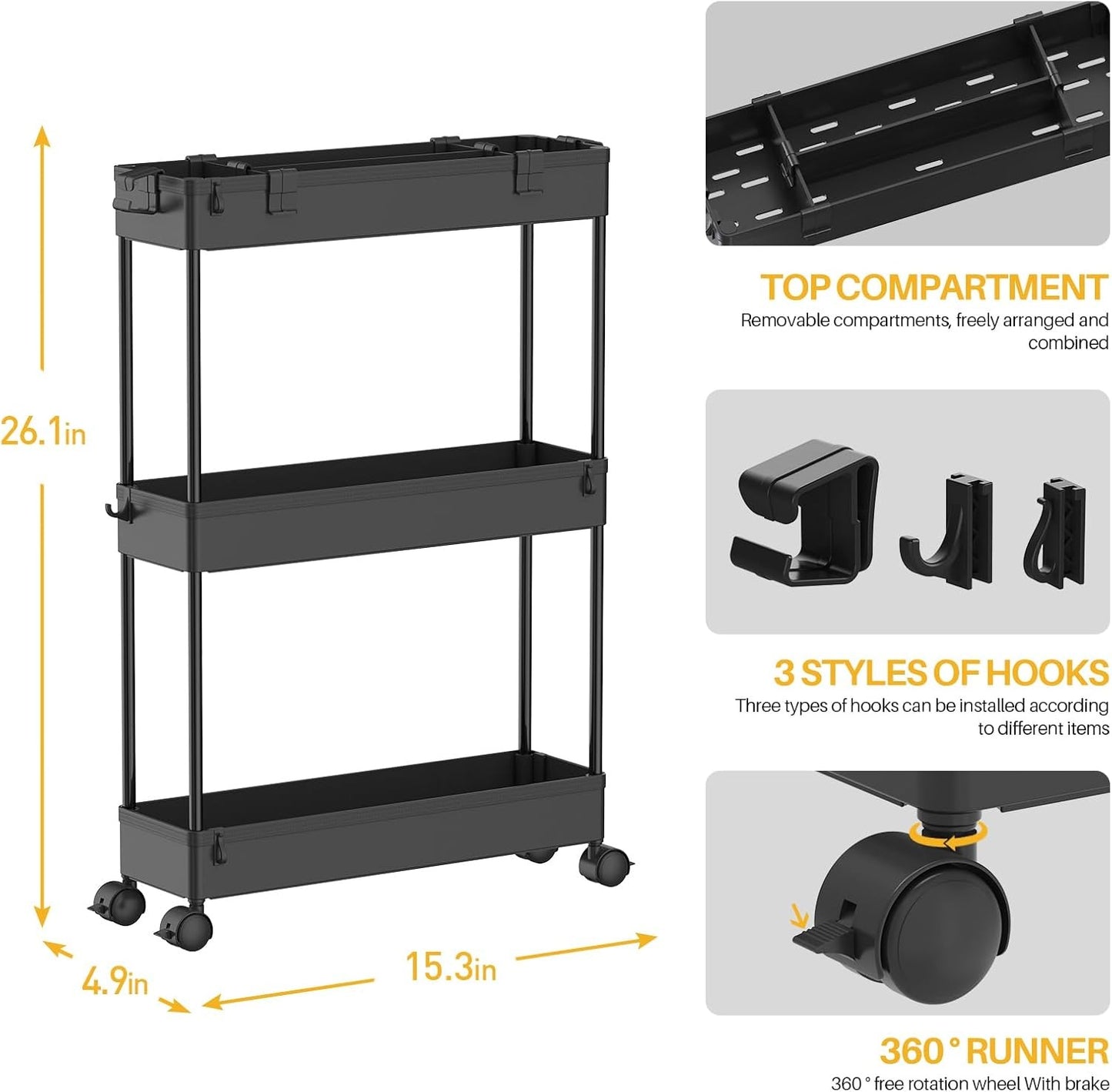 SPACELEAD Slim Rolling Cart, Bathroom Storage Cart with Lockable Wheels, Storage Organizer, Mobile Shelving Unit Cart for Bathroom, Laundry Room, Kitchen and Office